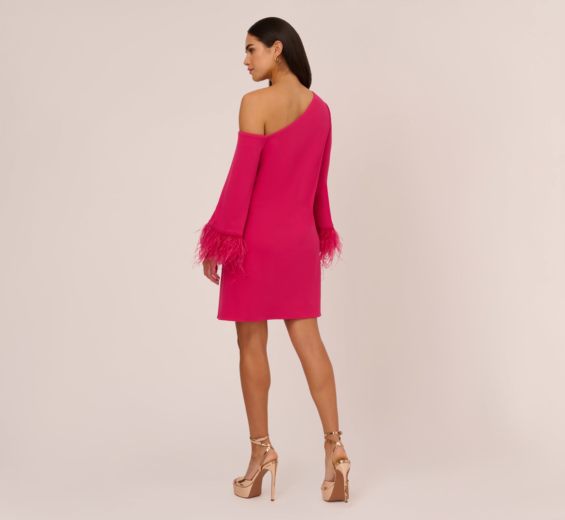 Knit Crepe One Shoulder Long Sleeve Dress With Feather Accents In