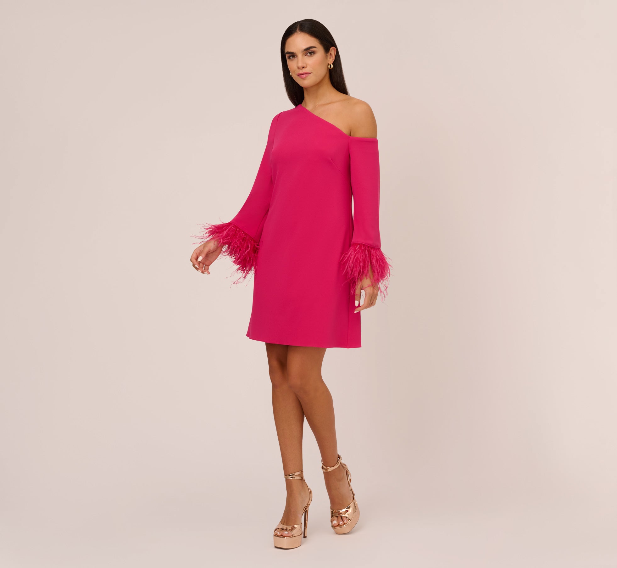 Knit Crepe One Shoulder Long Sleeve Dress With Feather Accents In