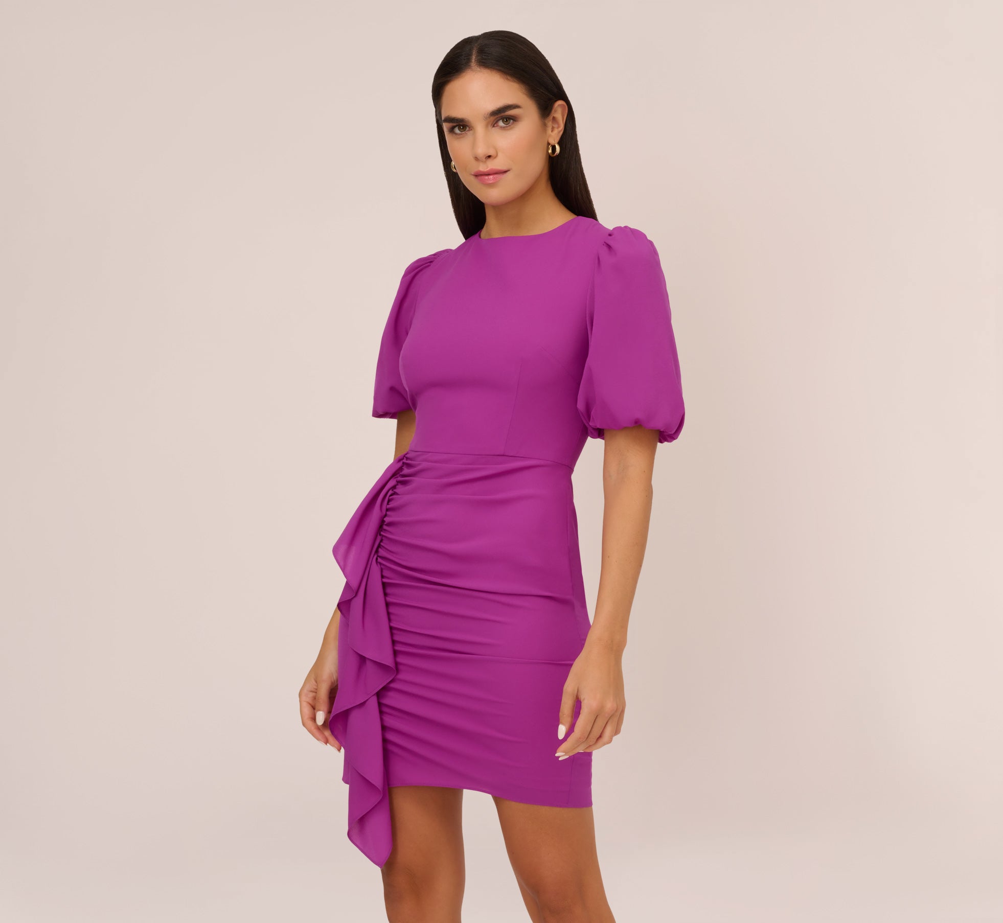 Puff Short Sleeve Sheath Dress With Ruffle Accent In Wild Orchid