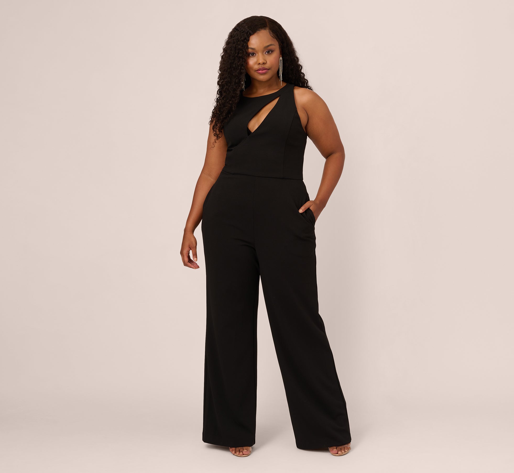 Plus Size Knit Crepe Wide Leg Jumpsuit With Cutout Accent In Black