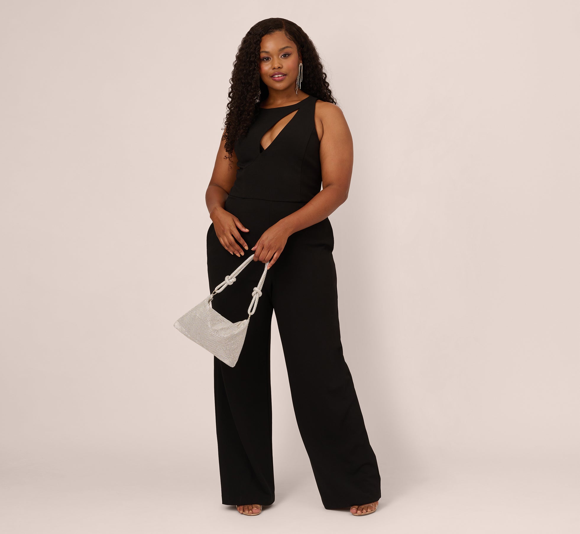 Plus Size Knit Crepe Wide Leg Jumpsuit With Cutout Accent In Black