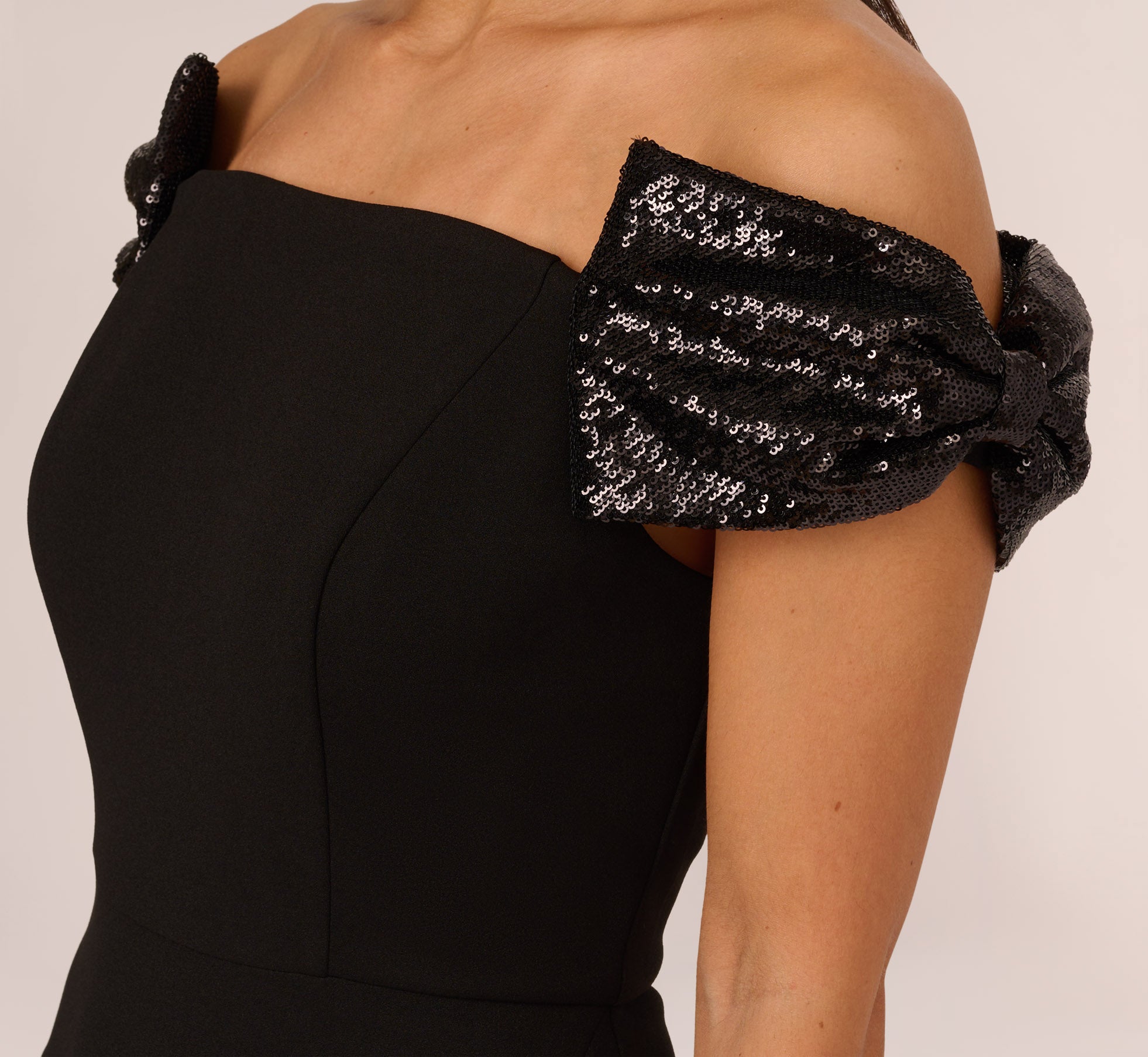 Stretch Crepe Off The Shoulder Gown With Sequin Bows In Black ...