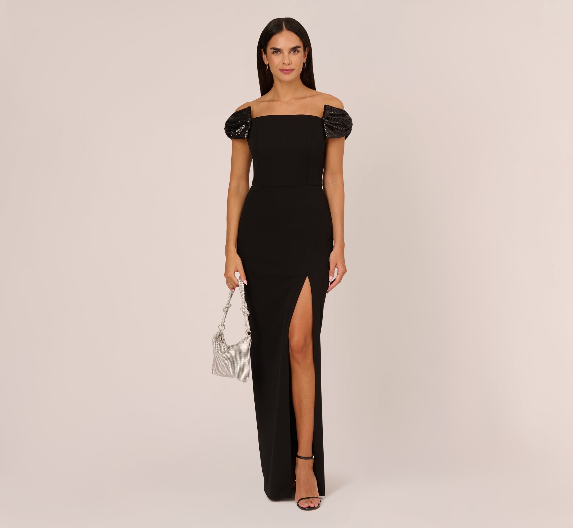 Stretch Crepe Off The Shoulder Gown With Sequin Bows In Black