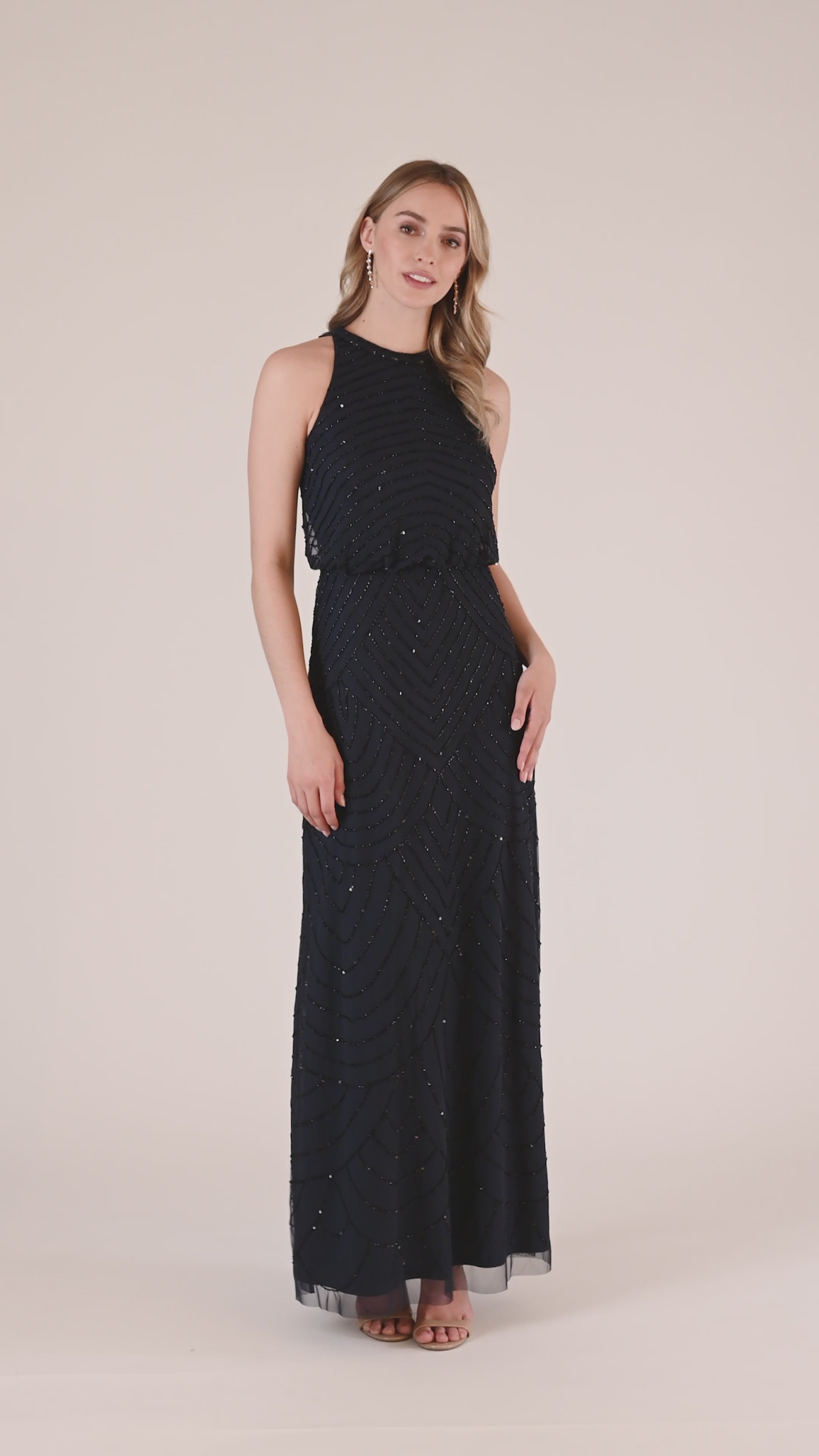 Art Deco Beaded Blouson Dress With Halter Neckline In Navy Black