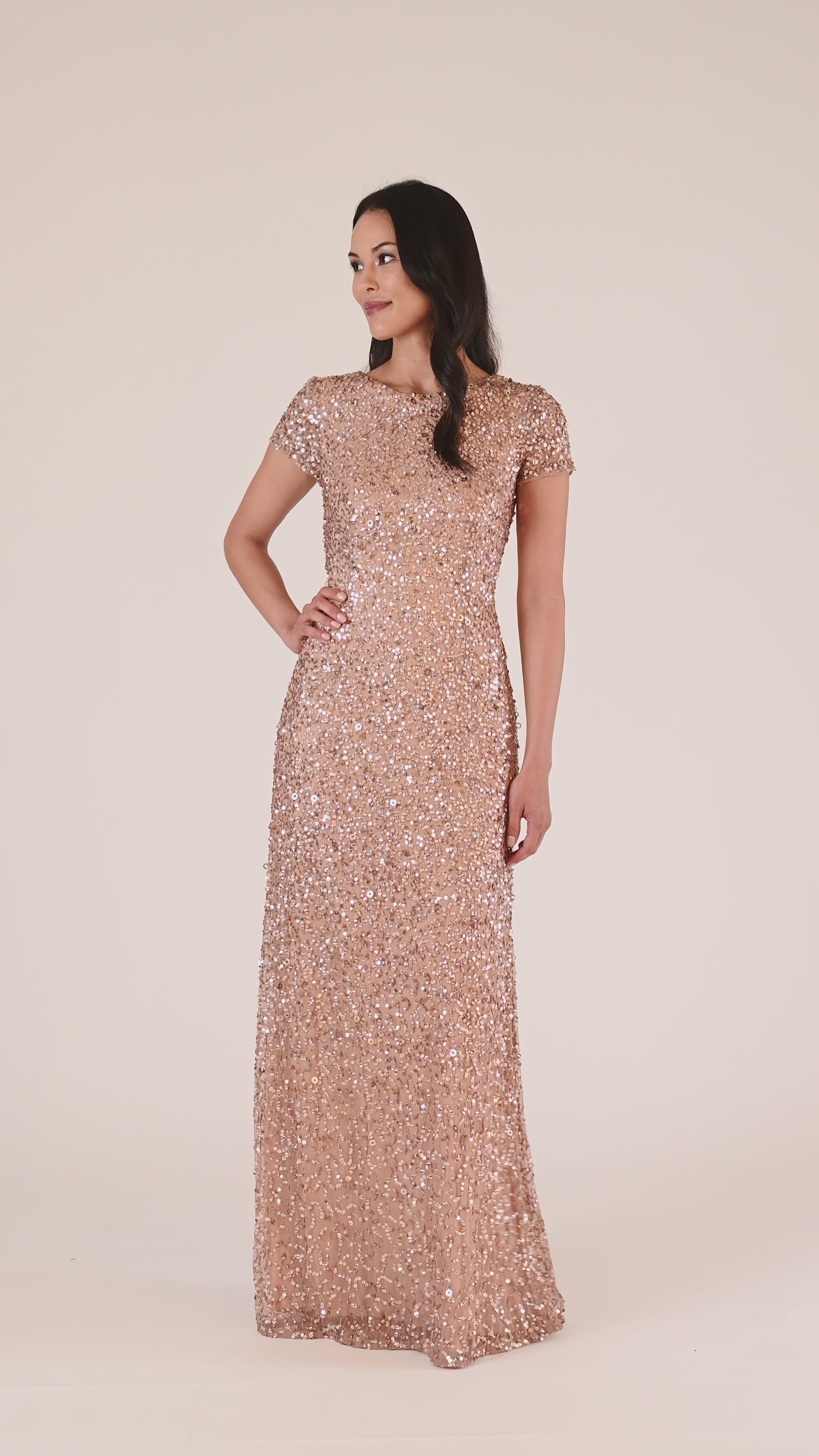 Scoop Back Sequin Gown In Rose Gold