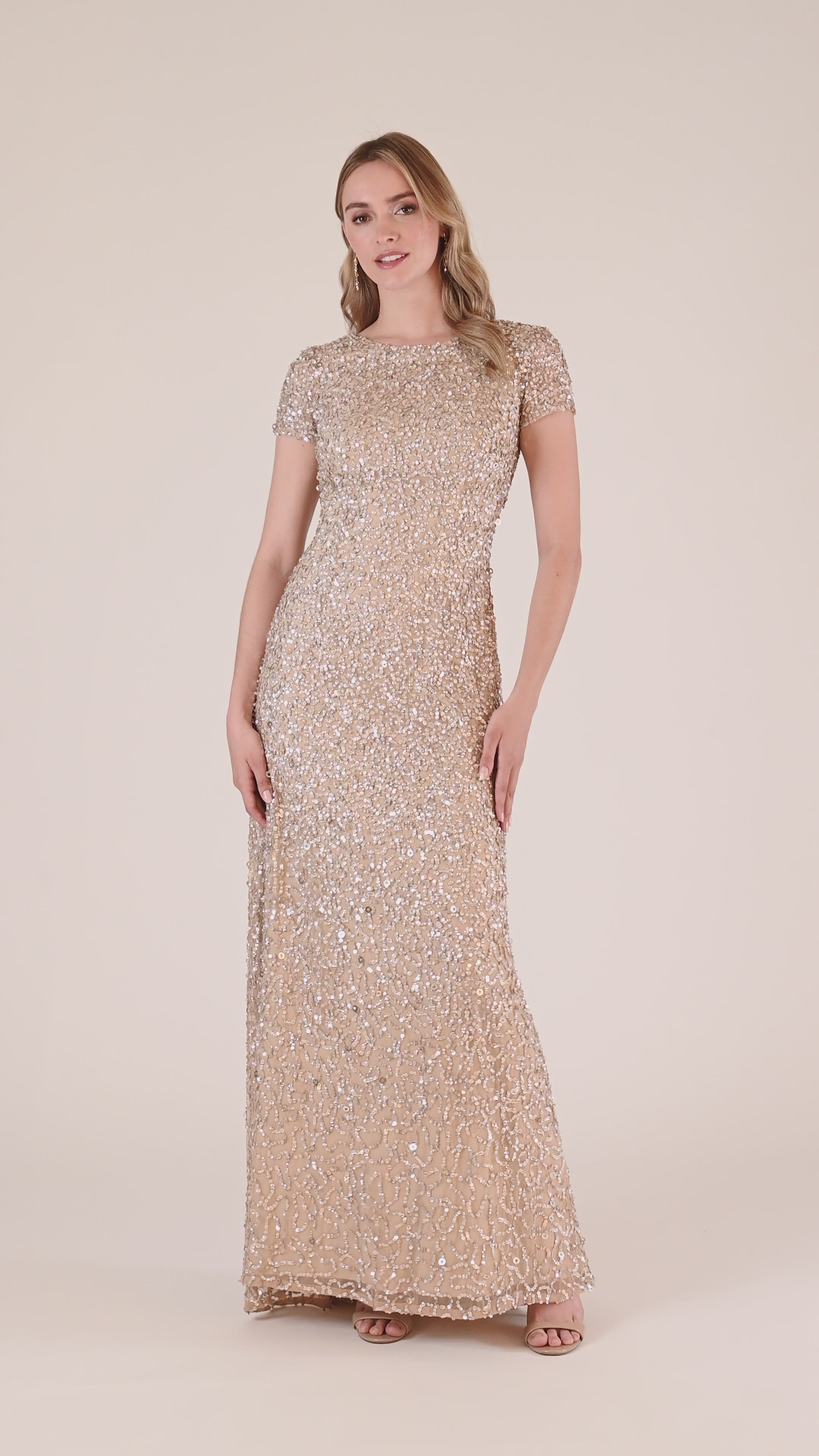 Scoop Back Sequin Gown In Champagne