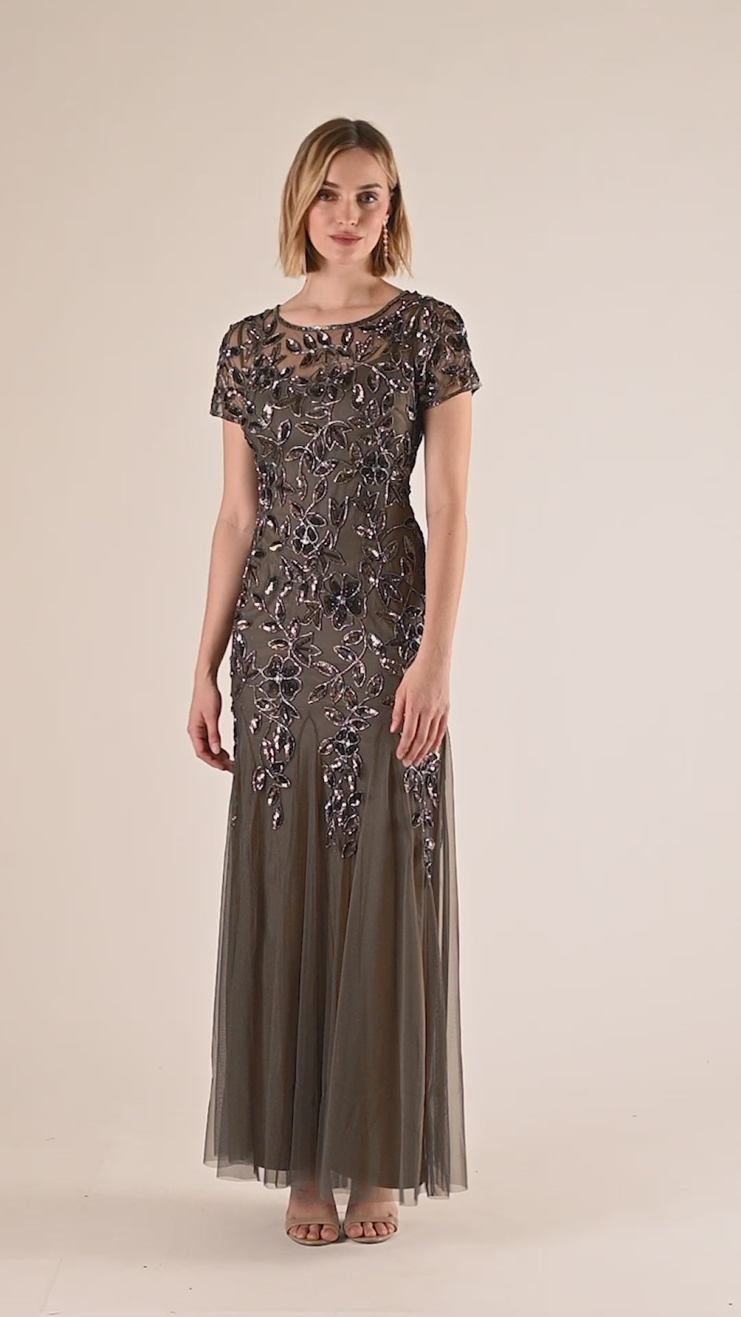 Hand Beaded Short Sleeve Floral Godet Gown In Lead