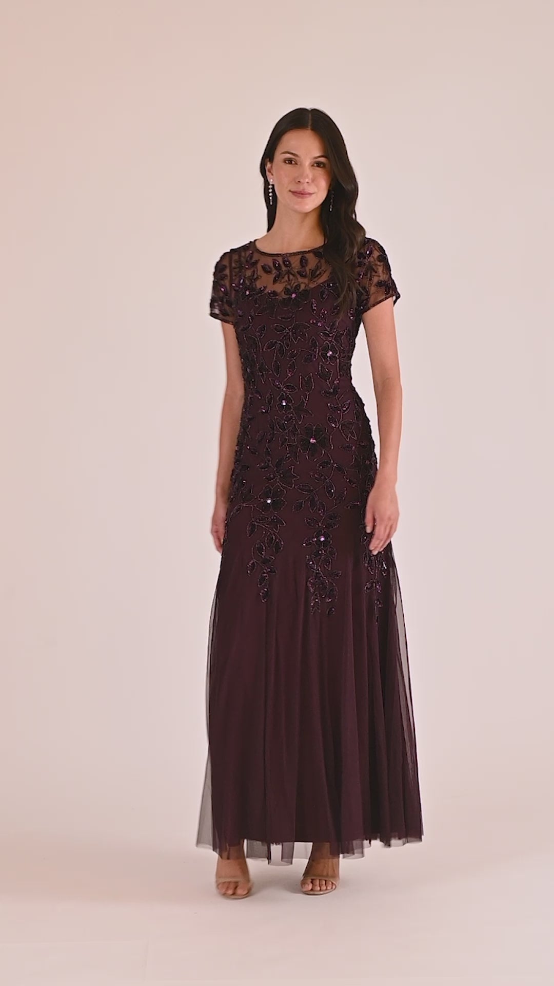 Hand Beaded Short Sleeve Floral Godet Gown In Night Plum