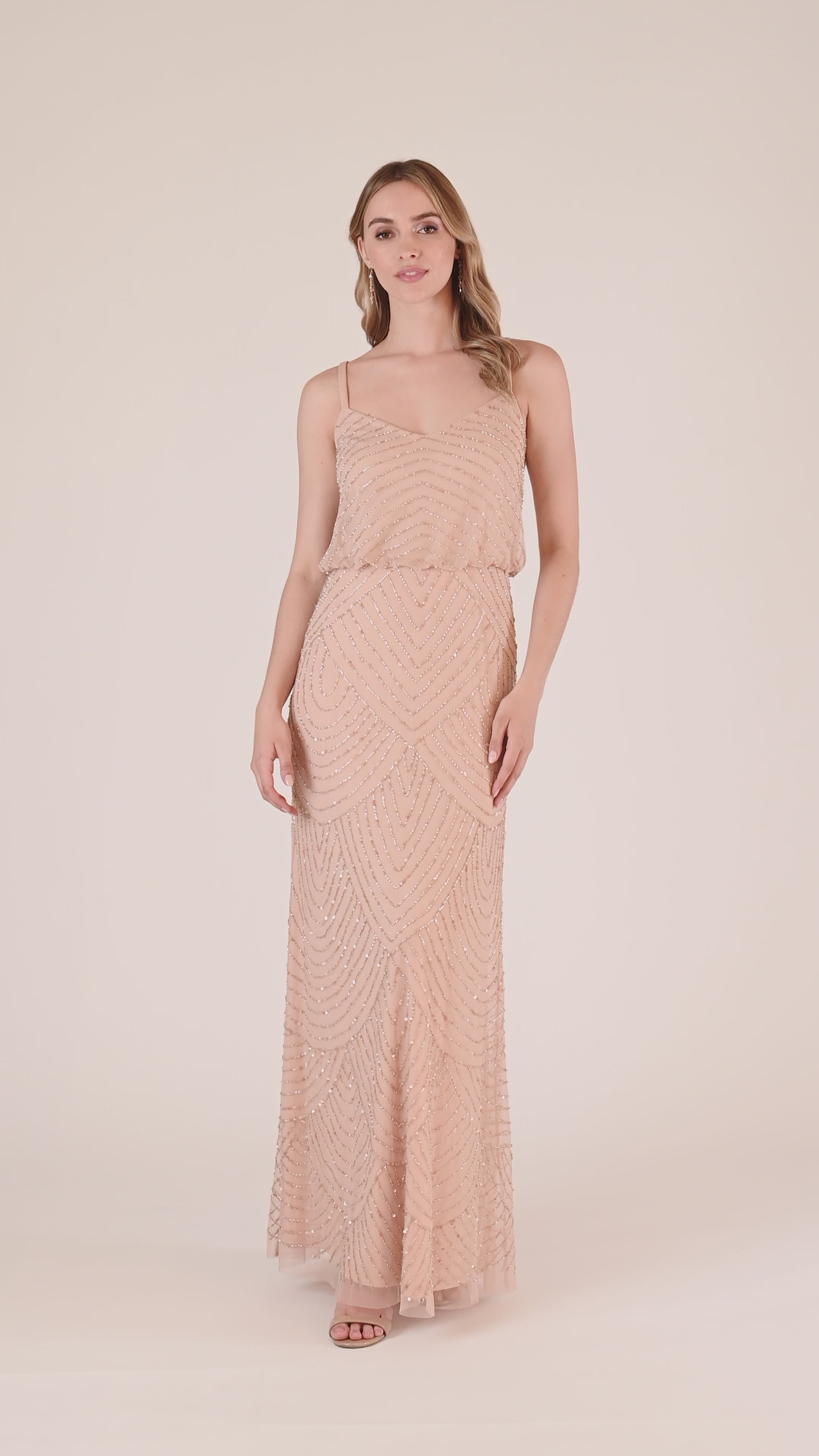 Art Deco Beaded Blouson Gown In Blush