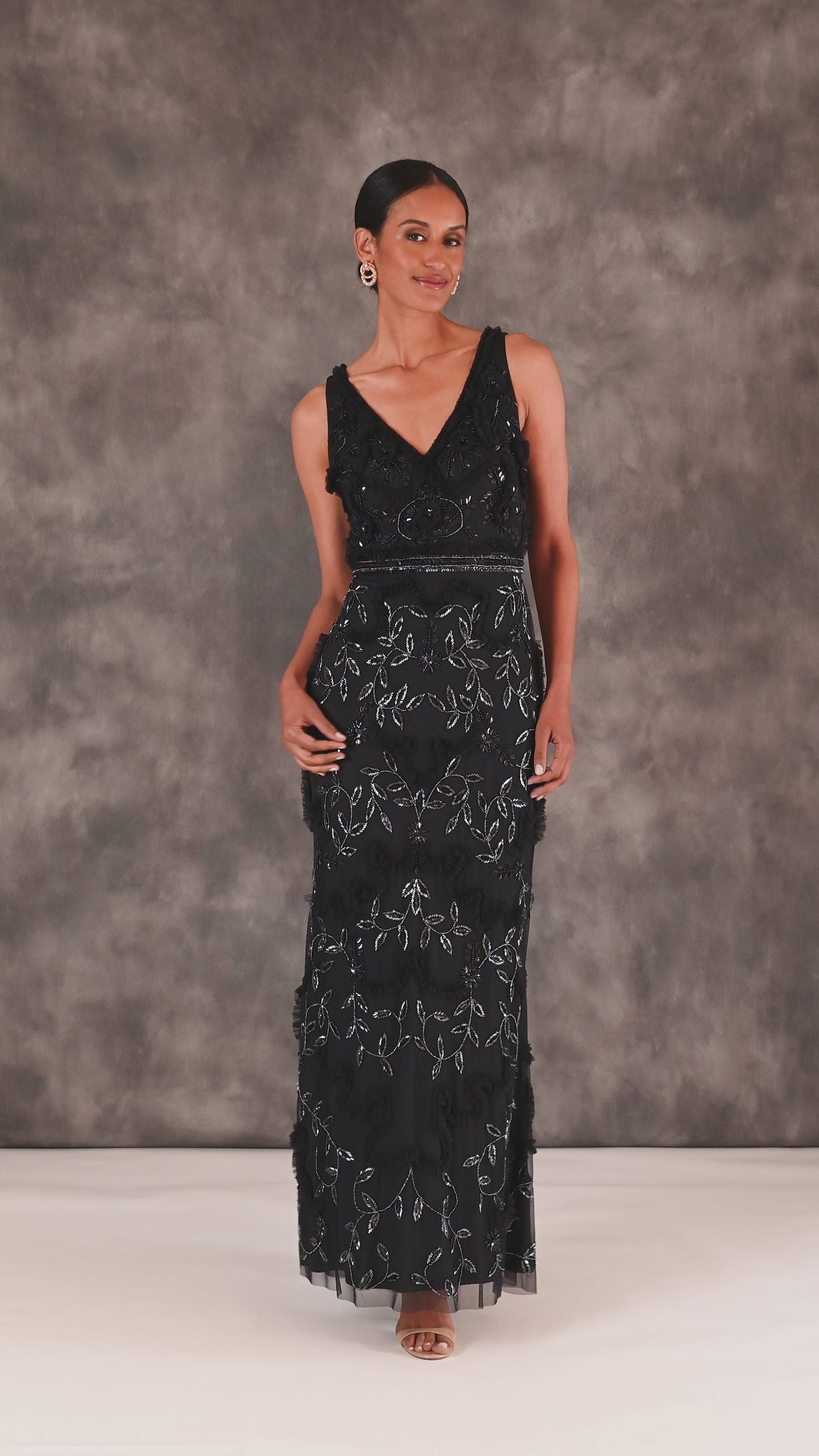 Beaded Ruffle Sleeveless Gown With V-Neck And Back In Twilight