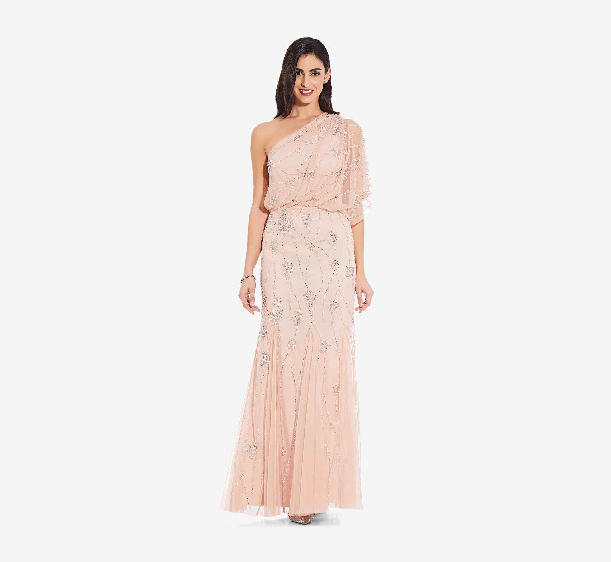 One Shoulder Beaded Gown In Blush