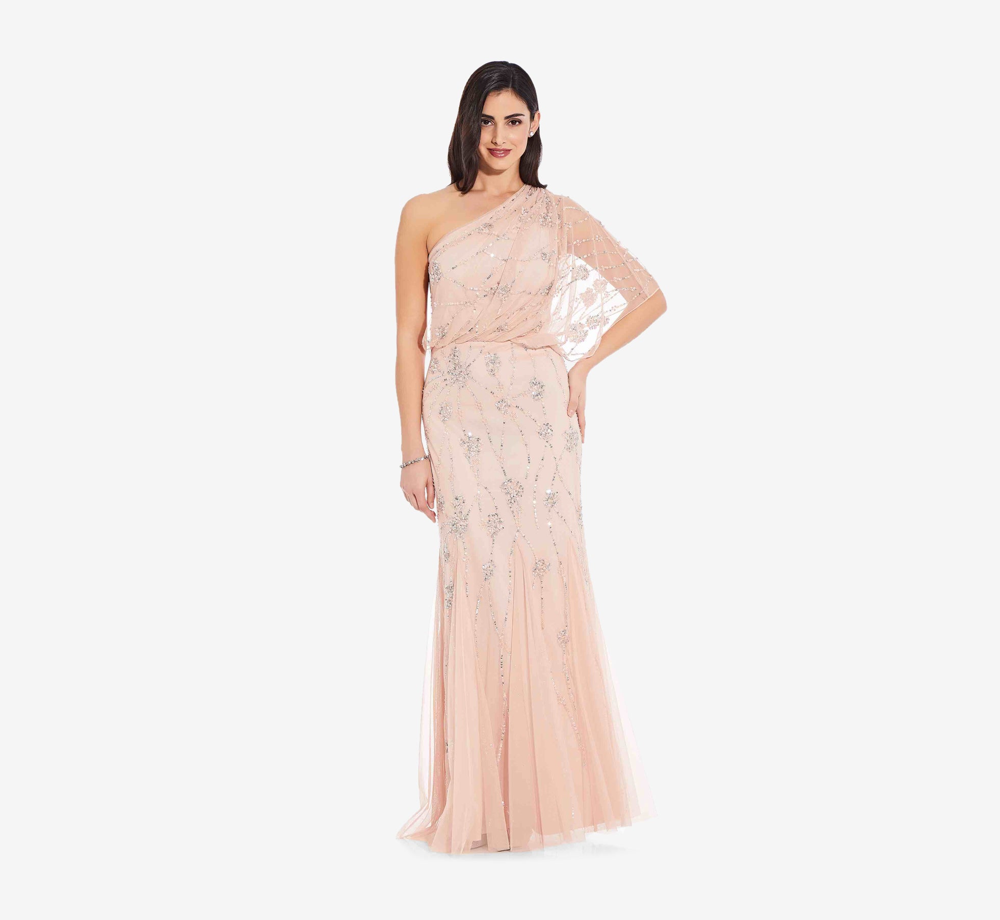 One Shoulder Beaded Gown In Blush Adrianna Papell