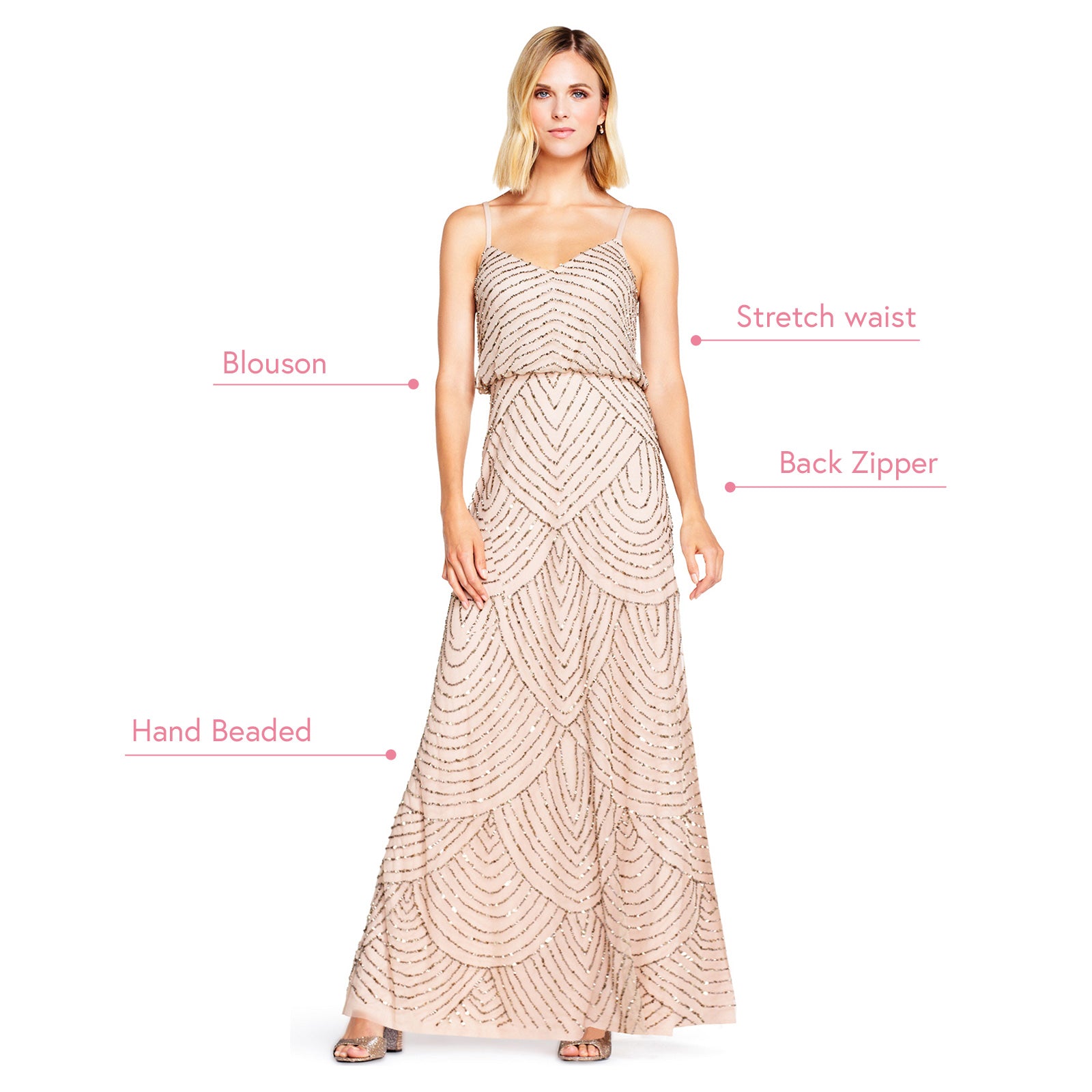 Art Deco Beaded Blouson Gown In Taupe Pink Adrianna Papell