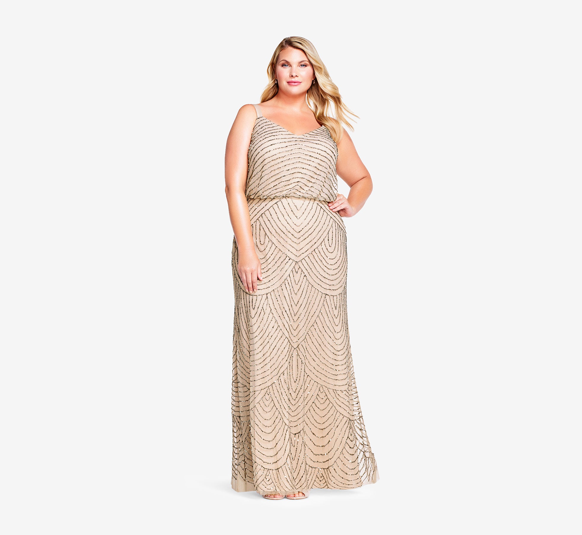 Plus Size Art Deco Beaded Blouson Gown In Taupe Pink Adrianna