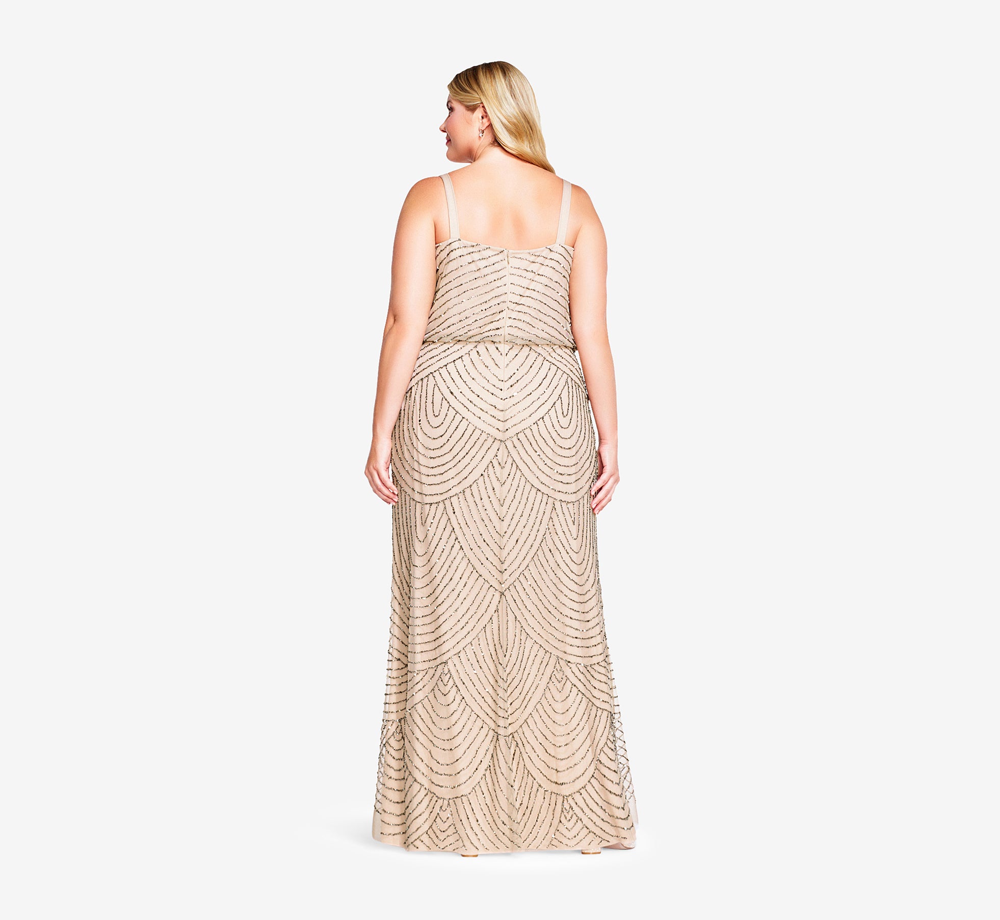 Plus Size Art Deco Beaded Blouson Gown In Taupe Pink Adrianna Papell