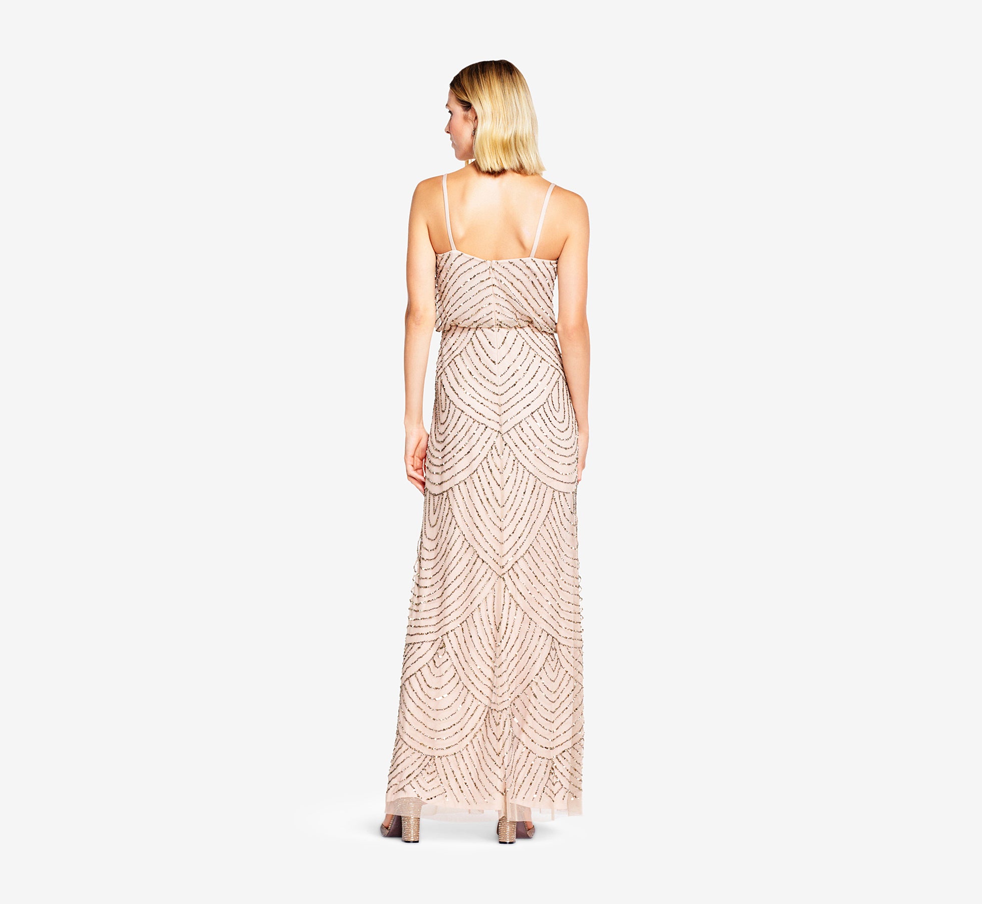 Art Deco Beaded Blouson Gown In Taupe Pink Adrianna Papell