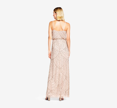 Art Deco Beaded Blouson Gown In Taupe Pink