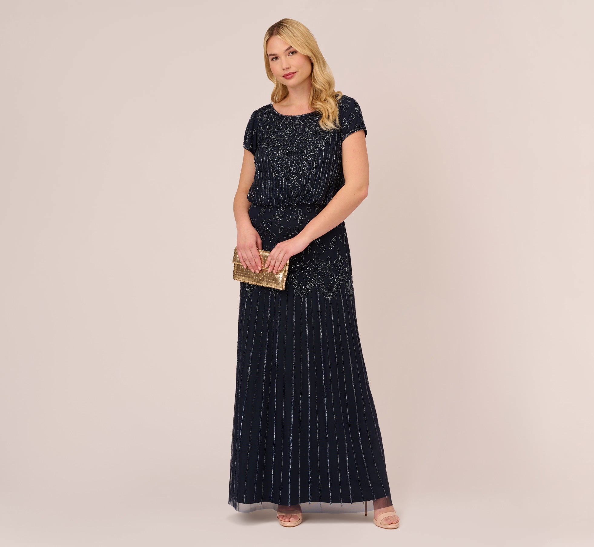 Plus Size Short Sleeve Blouson Beaded Gown In Navy | Adrianna