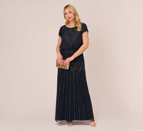 Plus Size Short Sleeve Blouson Beaded Gown In Navy