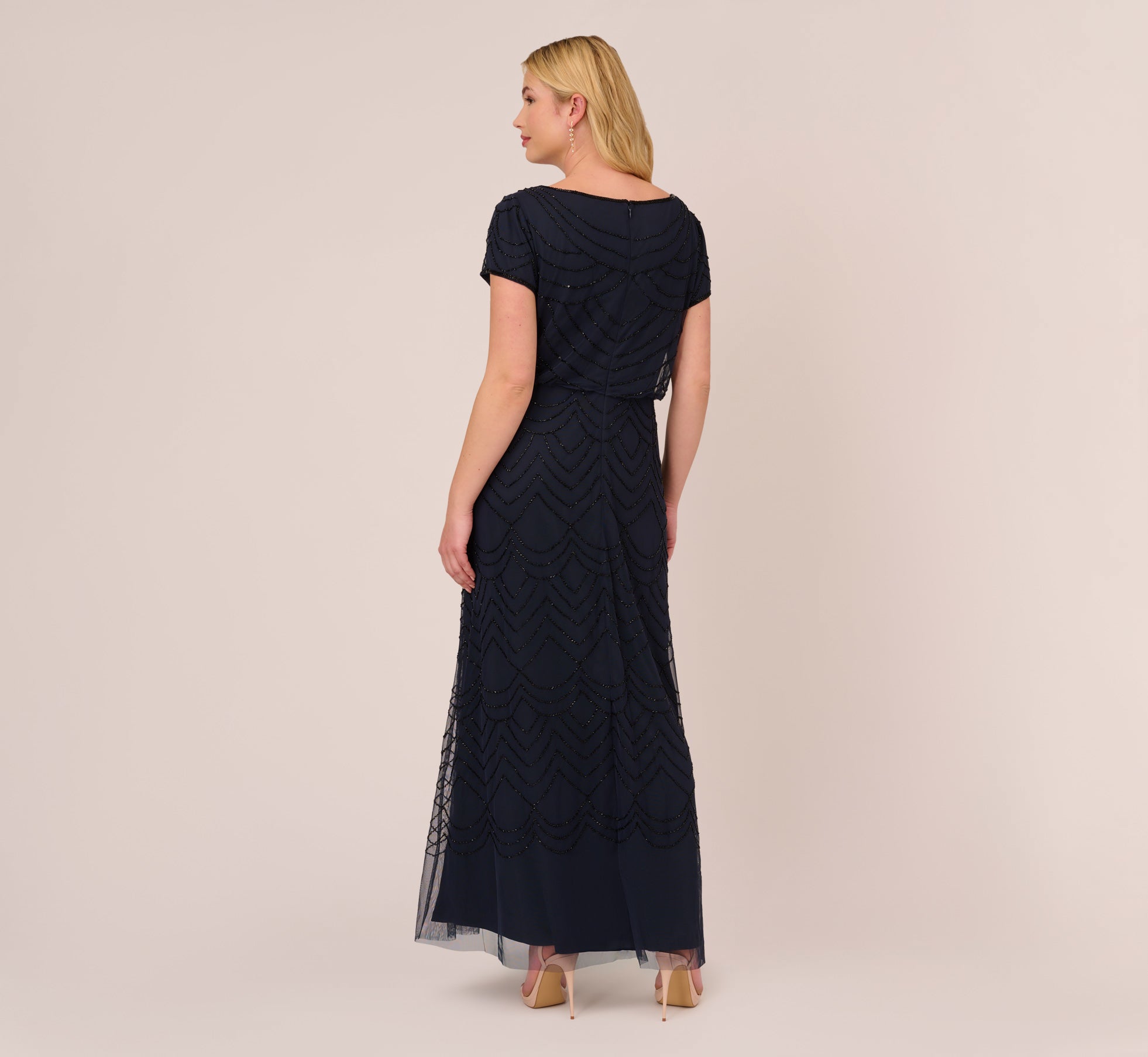 Plus Size Short Sleeve Beaded Blouson Gown In Navy Black