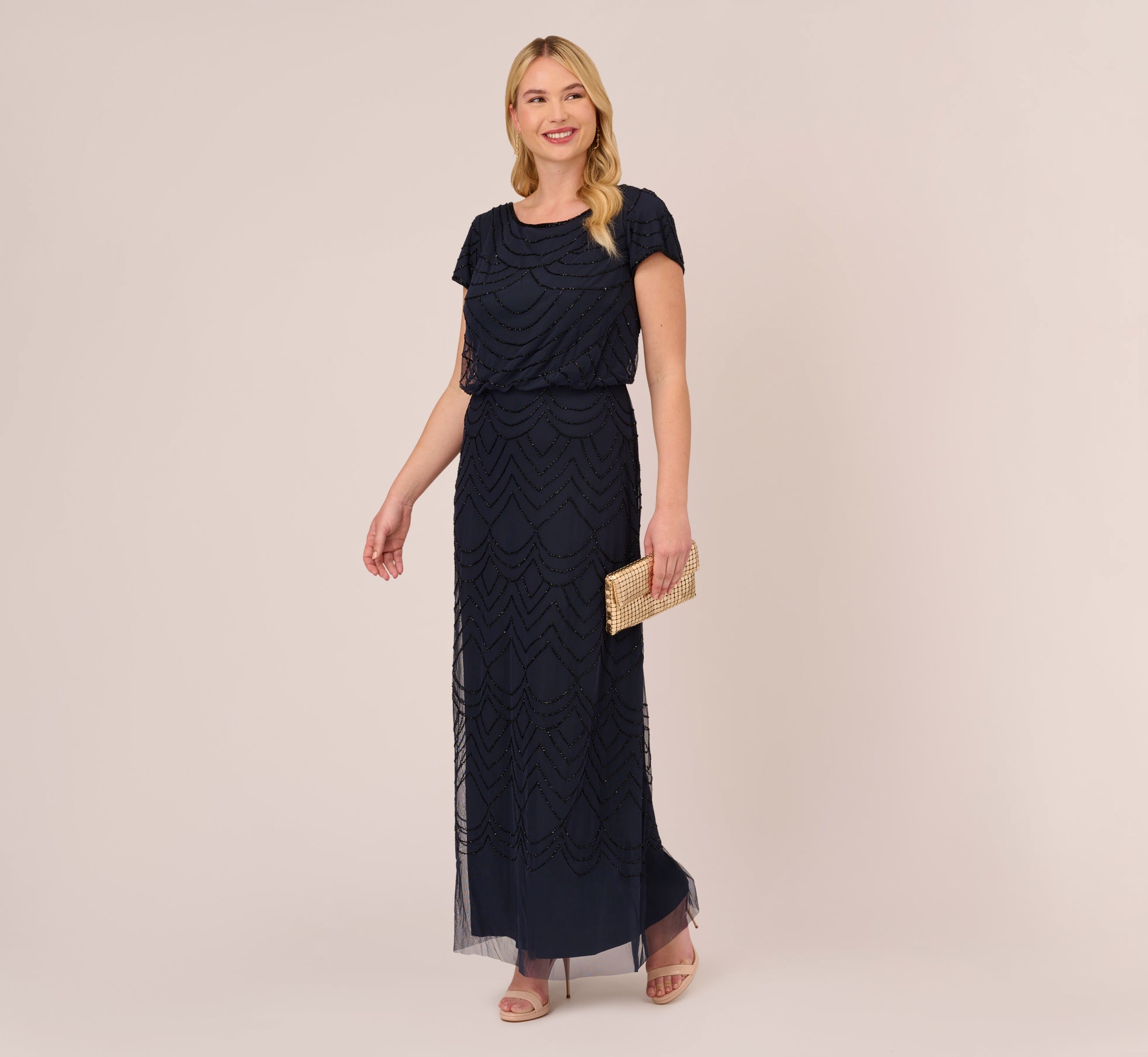 Plus Size Short Sleeve Beaded Blouson Gown In Navy Black