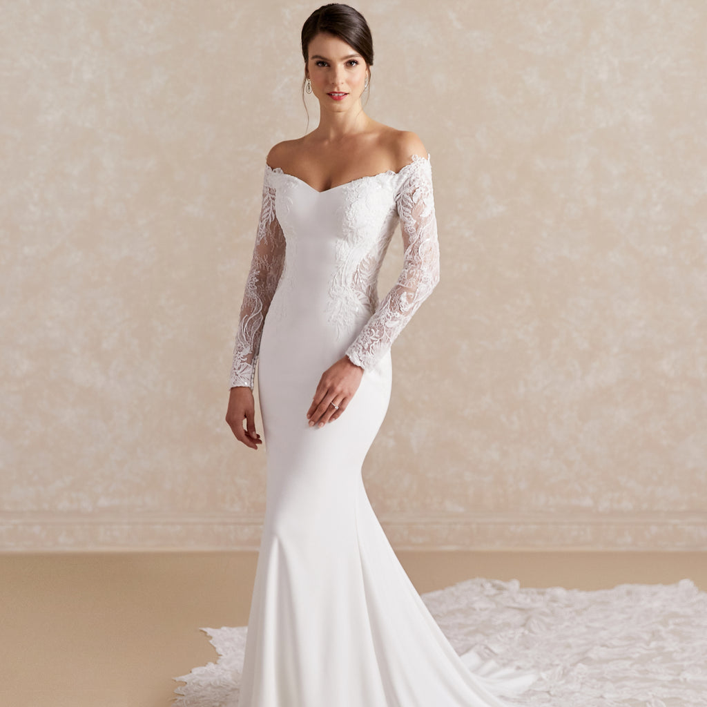 Sheer Back Crepe Wedding Dress with Lace Train