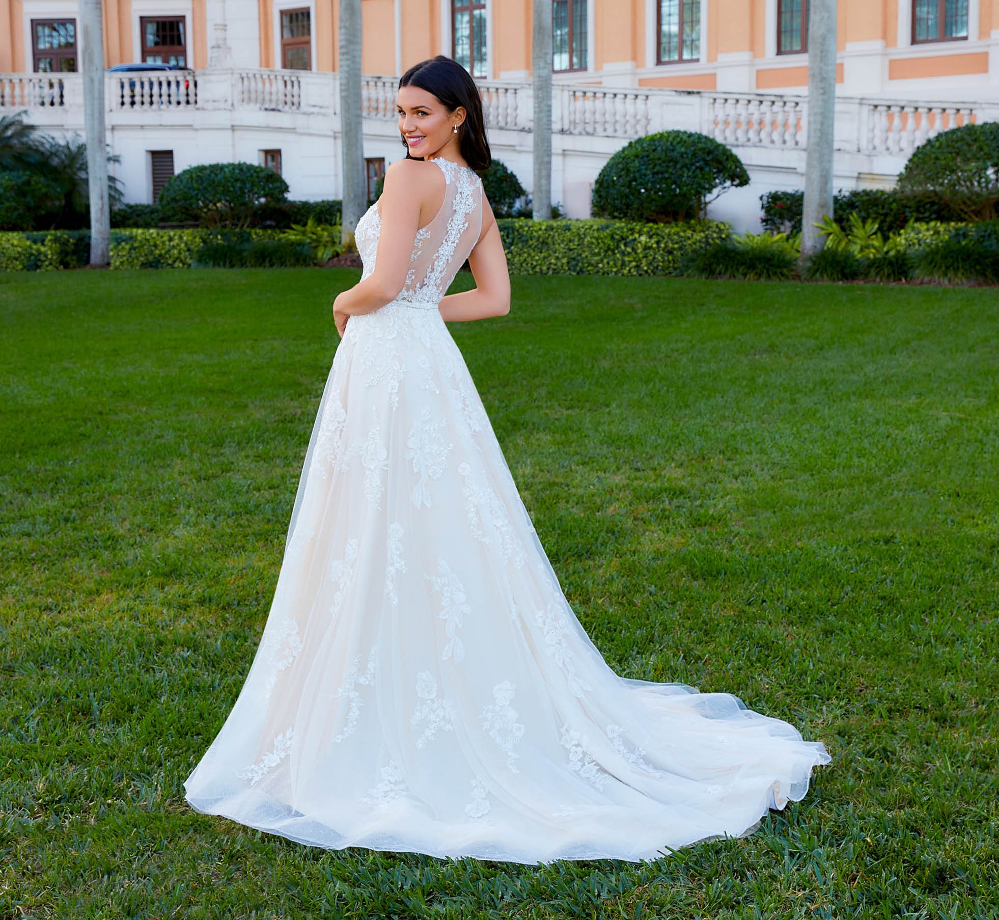 Halter A Line Gown With Plunging V Neckline In Ivory Nude Nude