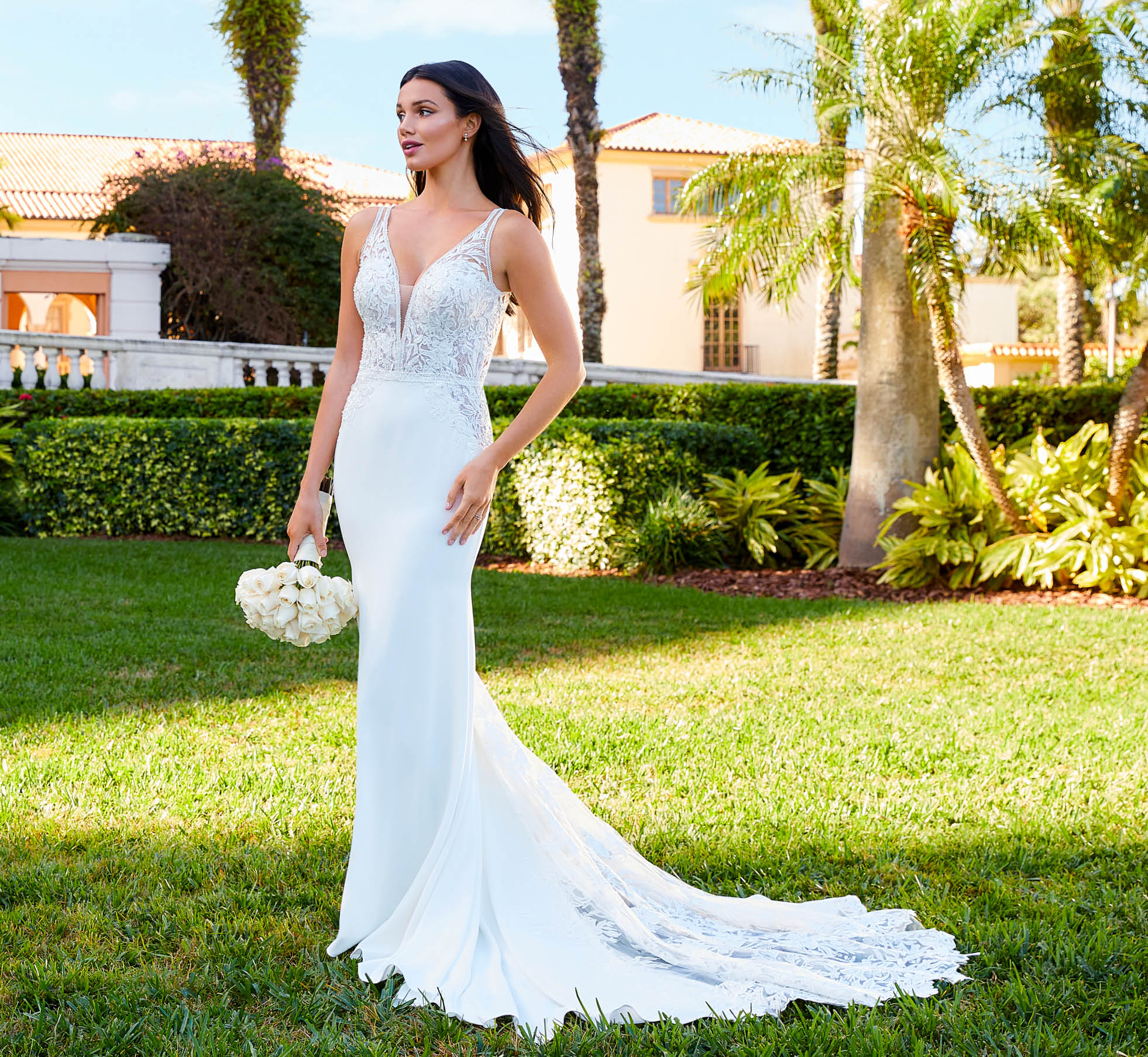 Lace And Crepe Gown With V Neckline In Ivory Nude Silver