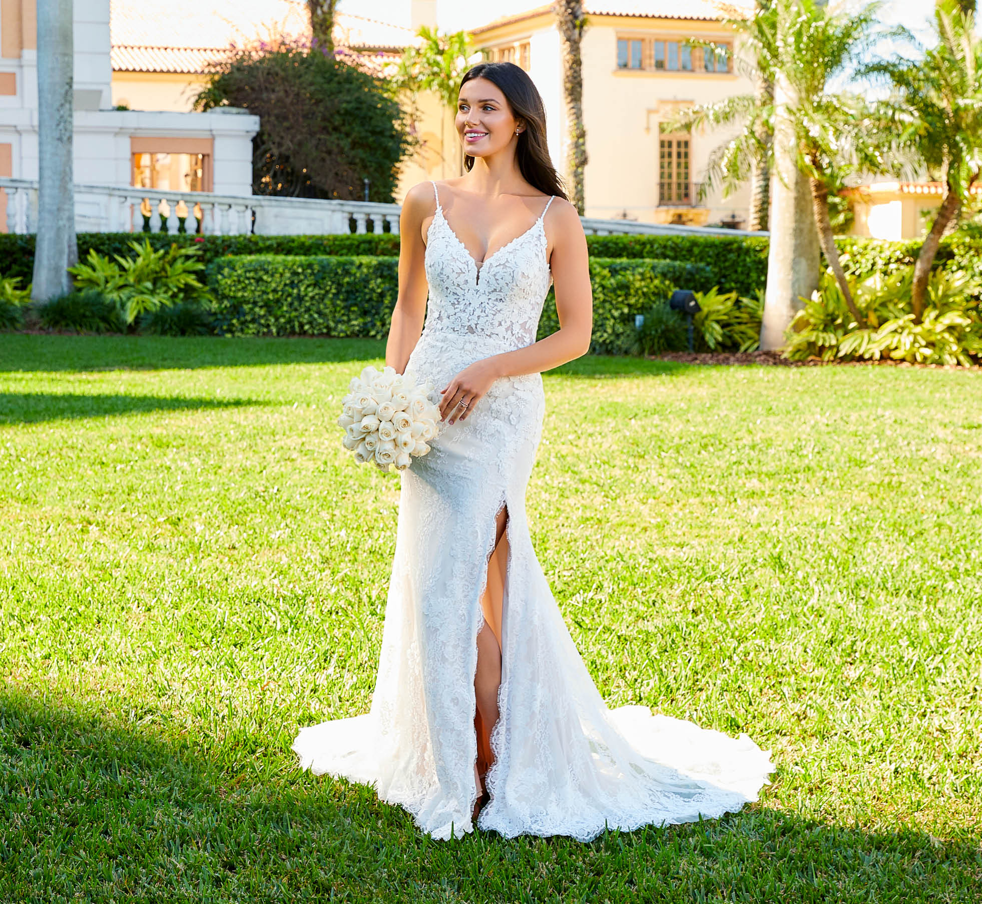 Sleeveless Lace Gown With V Neckline In Ivory Almond Nude