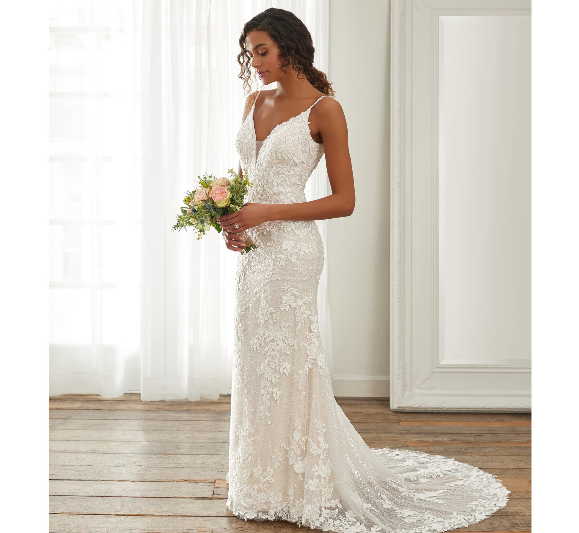 Lace And Hand Sequined Tulle Fit And Flare Gown In Ivory Almond