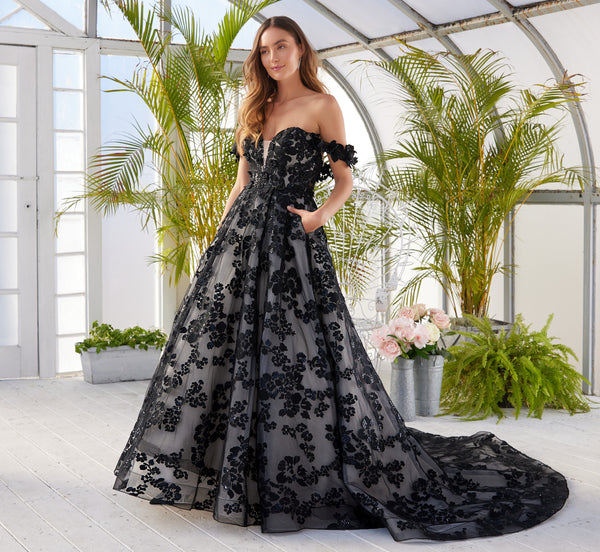 Floral Hand Beaded Strapless A Line Gown In Black Oyster Nude