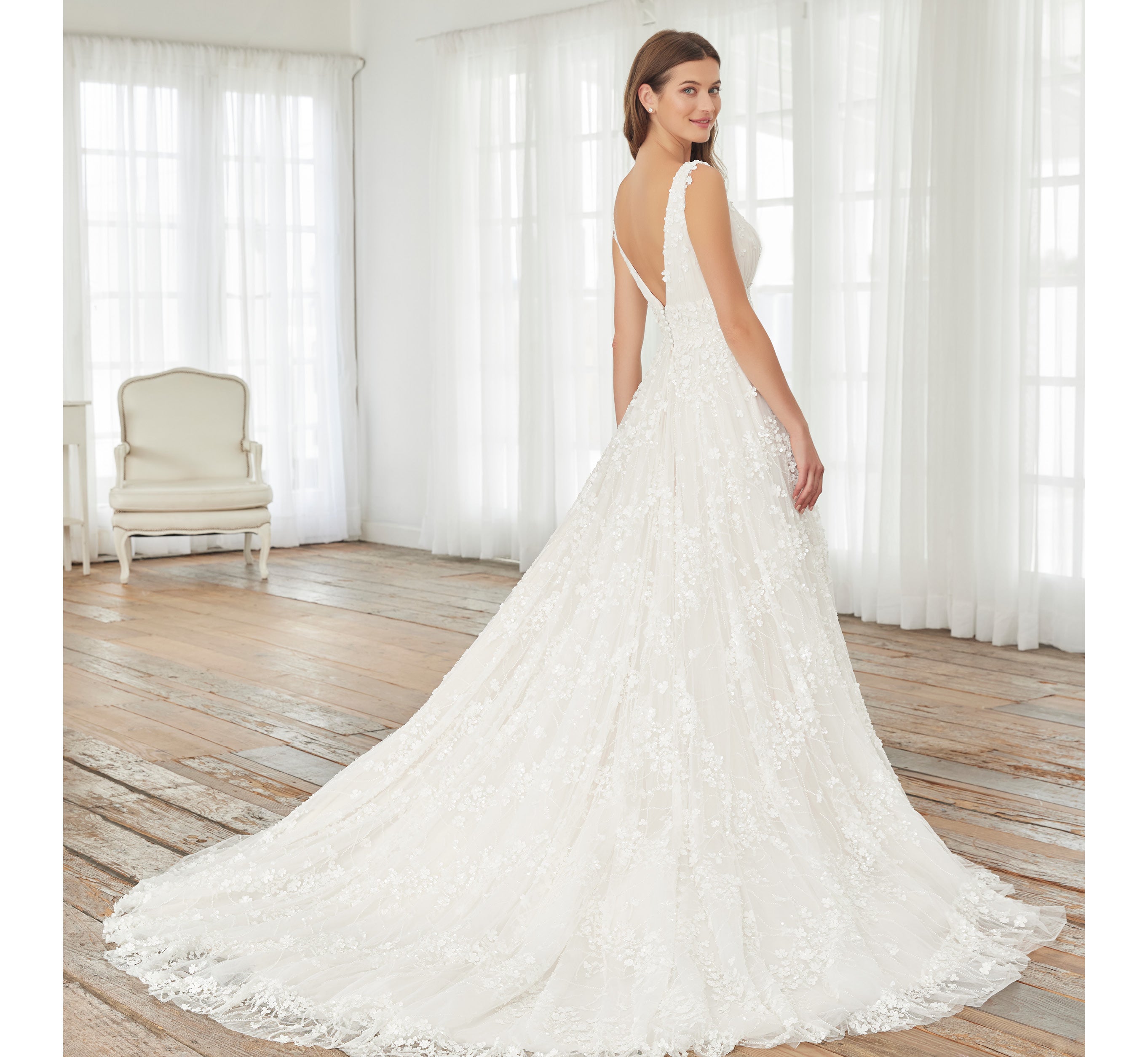 Hand Beaded And Lace A Line Gown In Ivory Ivory Silver Adrianna