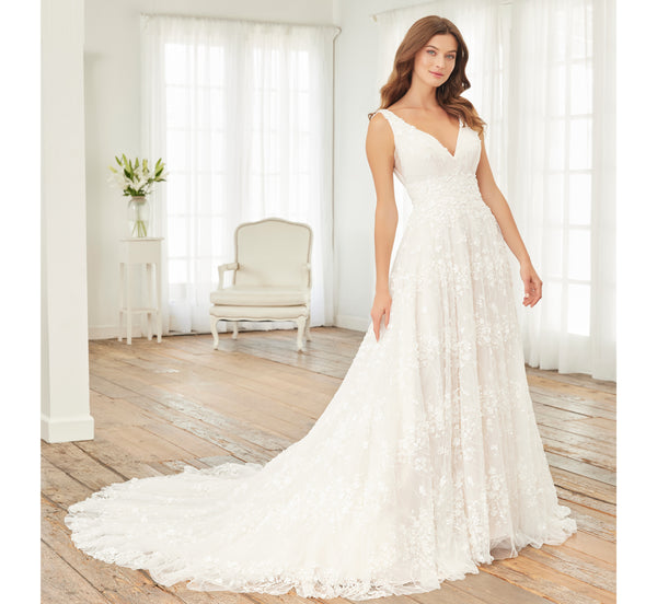 Hand Beaded And Lace A Line Gown In Ivory Ivory Silver Adrianna