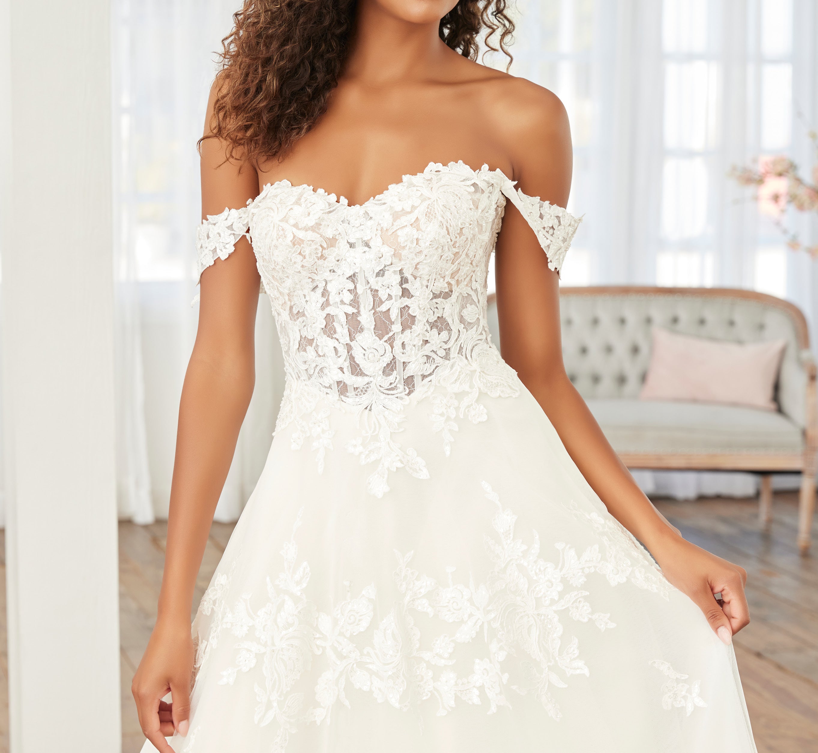 Lace Off The Shoulder A Line Gown With Detachable Sleeves In Ivory