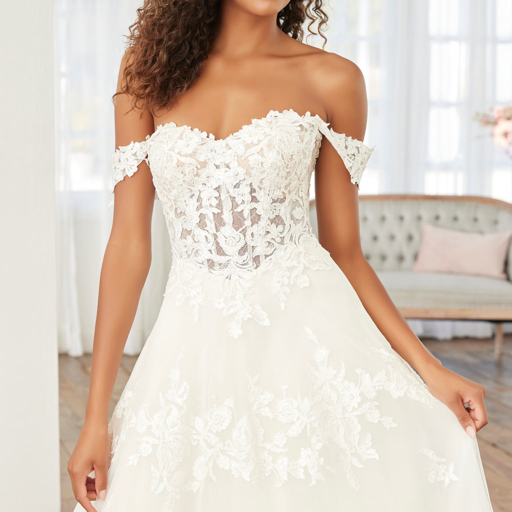 Lace Off-The-Shoulder A-Line Gown With Detachable Sleeves In Ivory Ivo