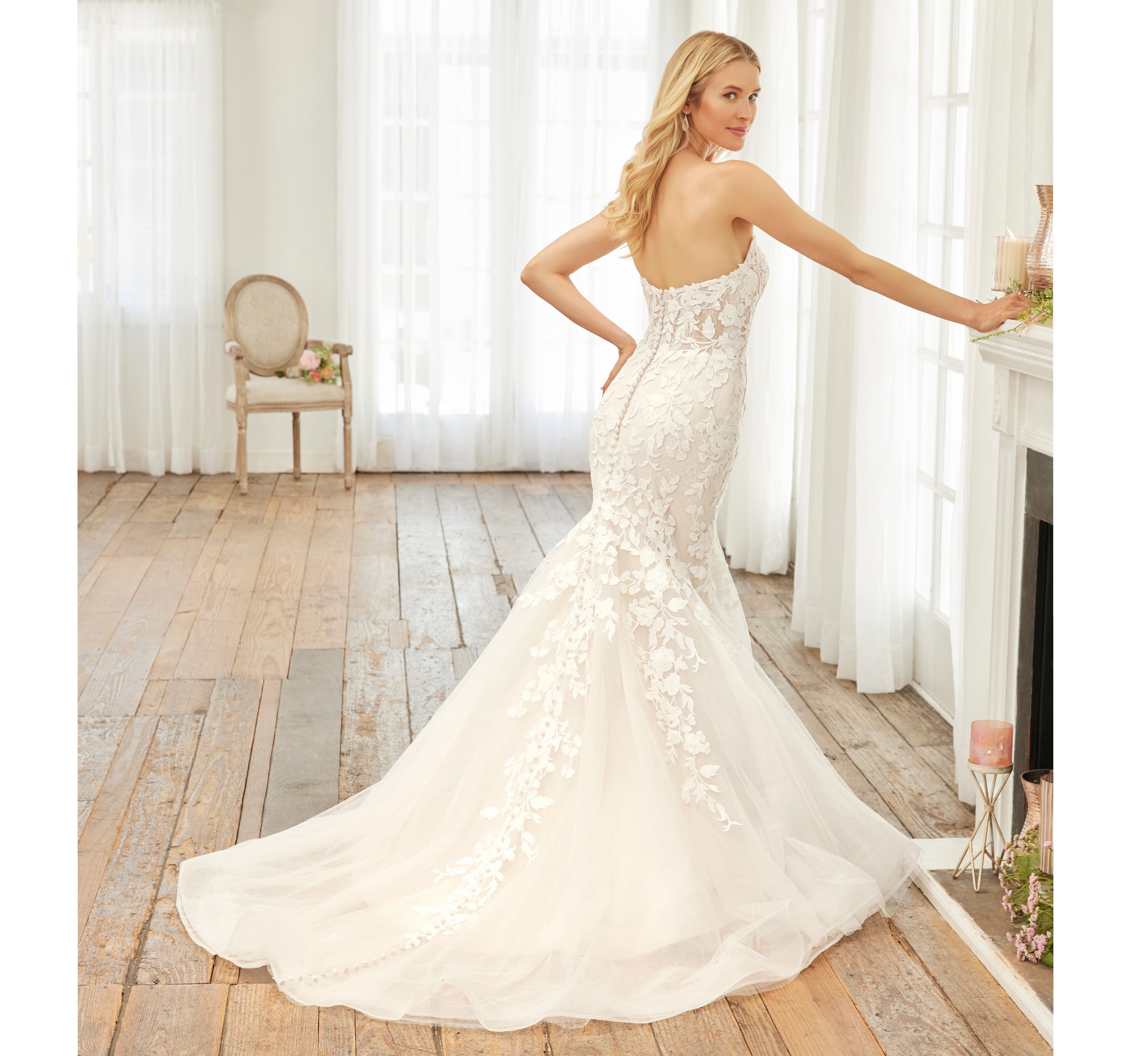 Pearl Studded Strapless Sheath Wedding Gown In Ivory