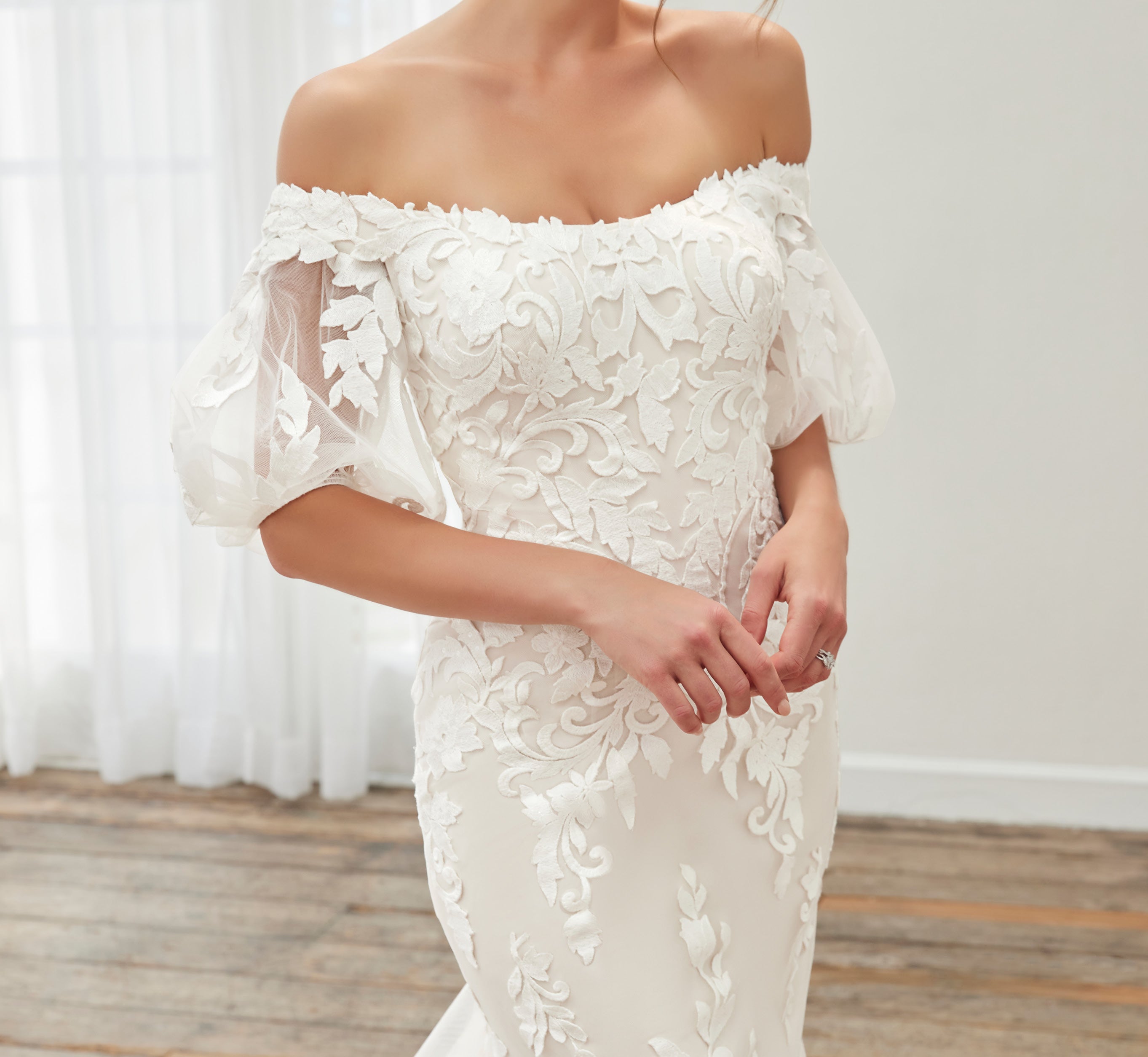 Floral Lace Off The Shoulder Fit And Flare Gown With Detachable