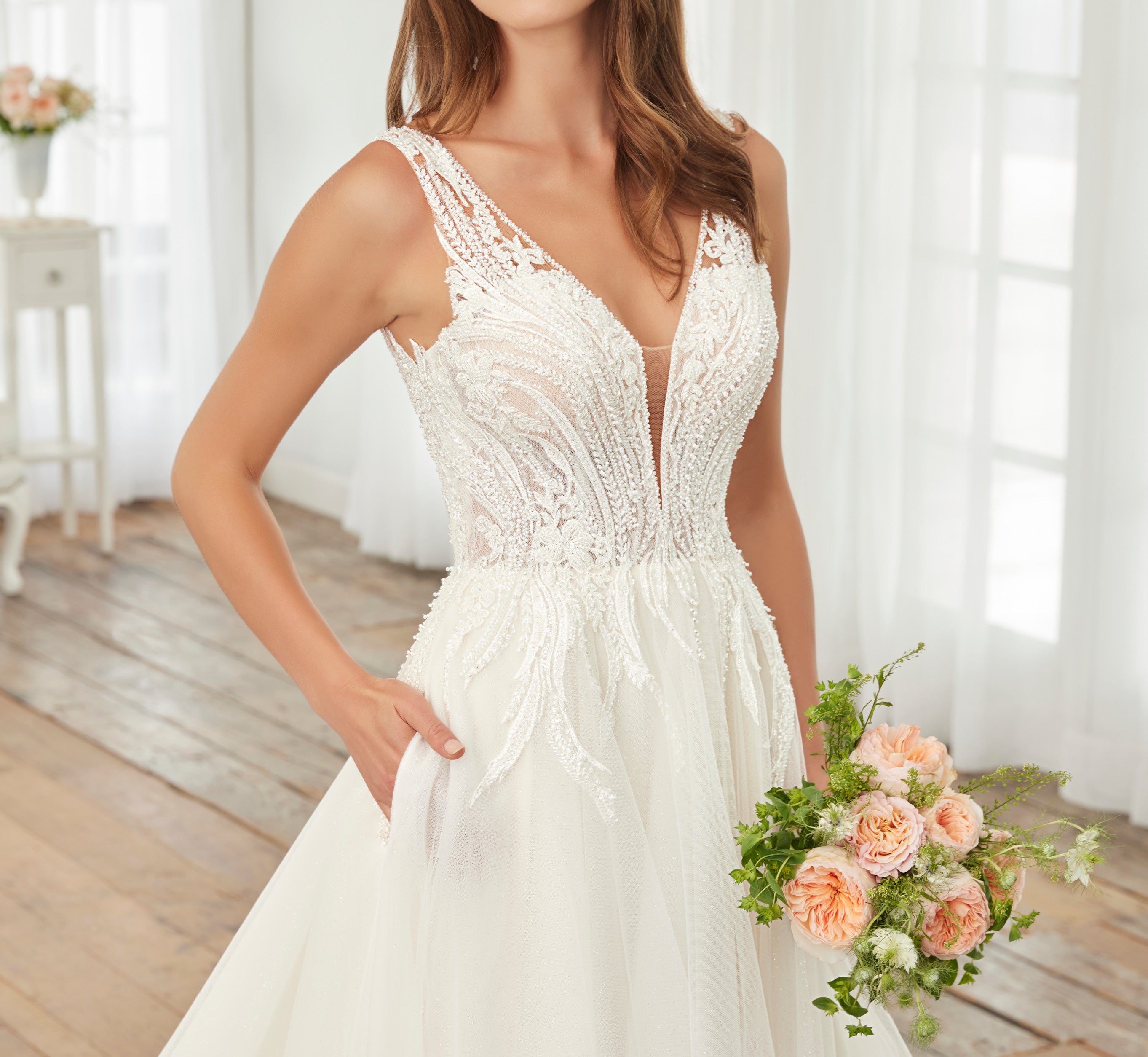 Hand Beaded And Lace A Line Gown In Ivory Ivory Nude Adrianna Papell