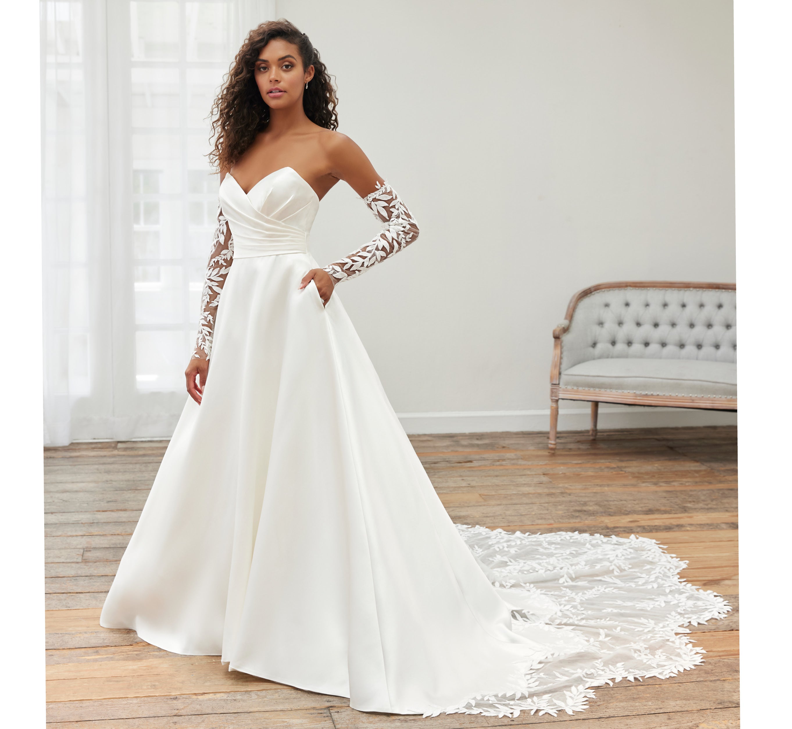 Lace And Mikado Strapless Gown With Cathedral Train And Detachable