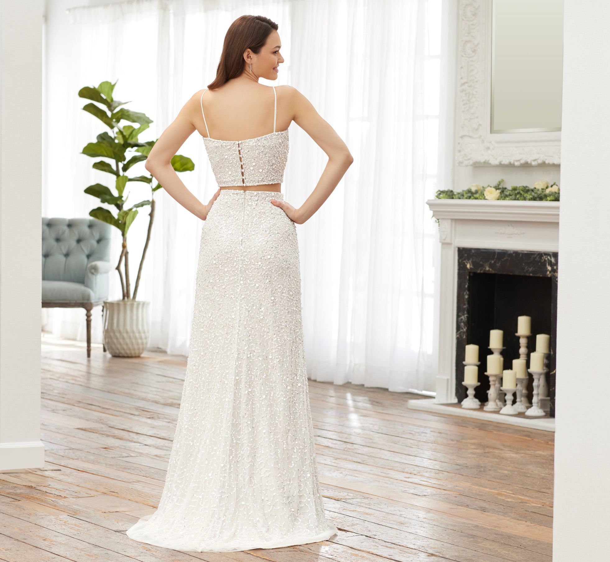 Hand Beaded Two Piece Gown In Ivory Silver Pearl Adrianna Papell