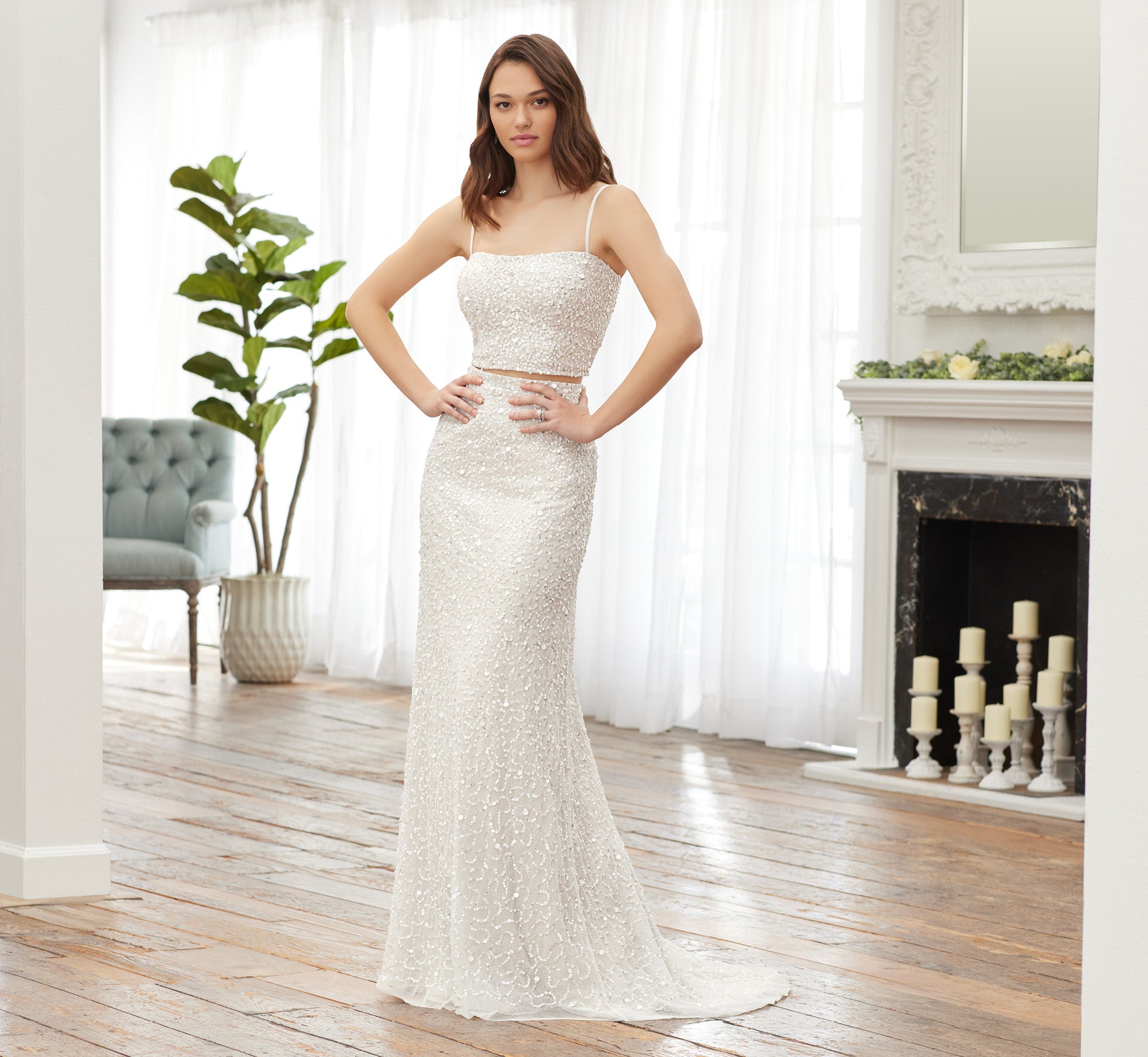 Hand Beaded Two Piece Gown In Ivory Silver Pearl Adrianna Papell