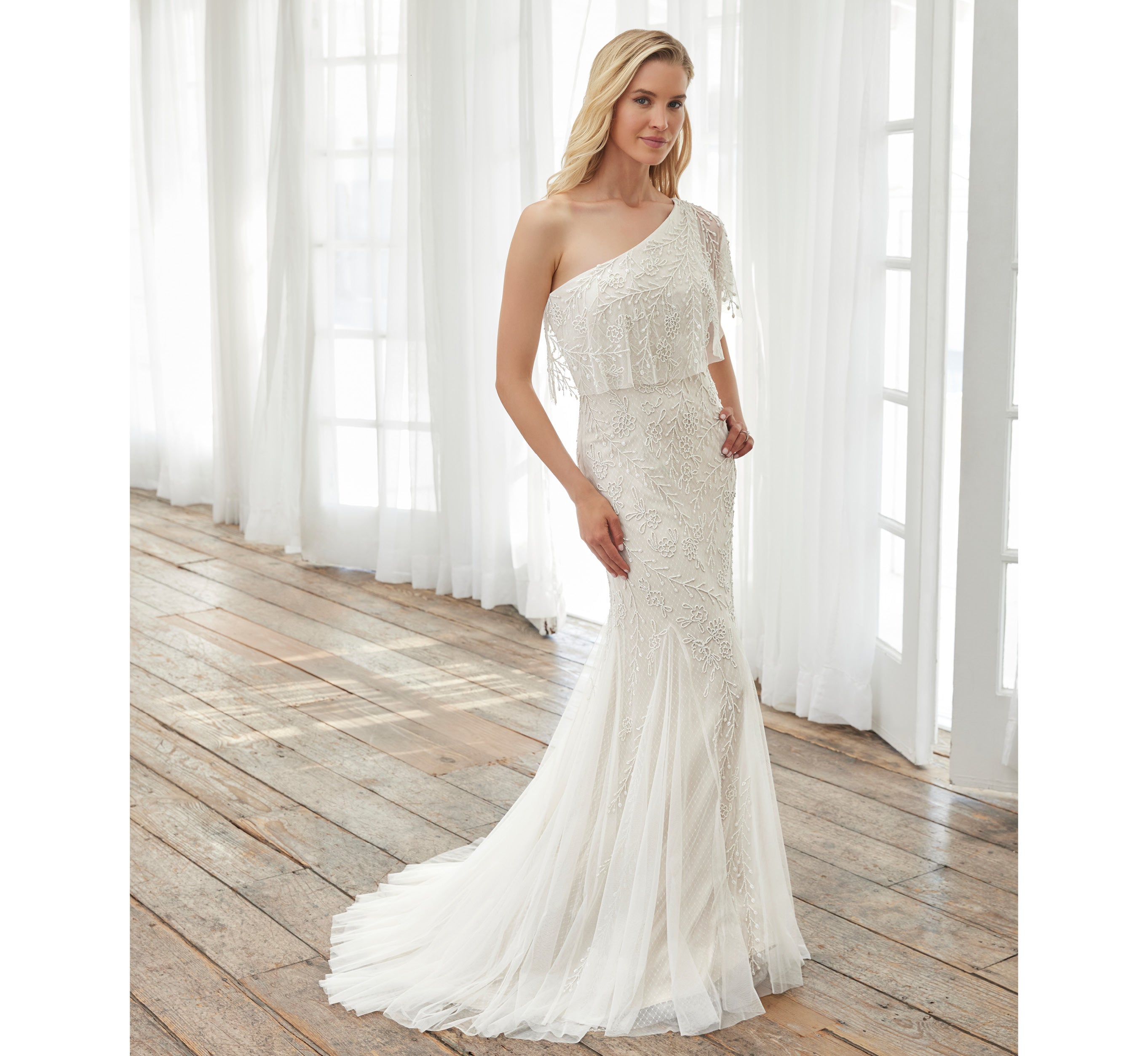 Floral Hand Beaded One Shoulder Gown In Ivory Adrianna Papell