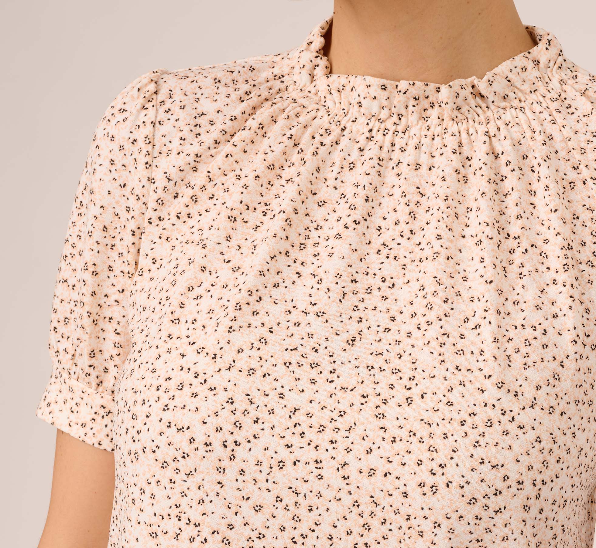 Ditsy Floral Print Top With Short Sleeves And Ruffle Neck In Ivory