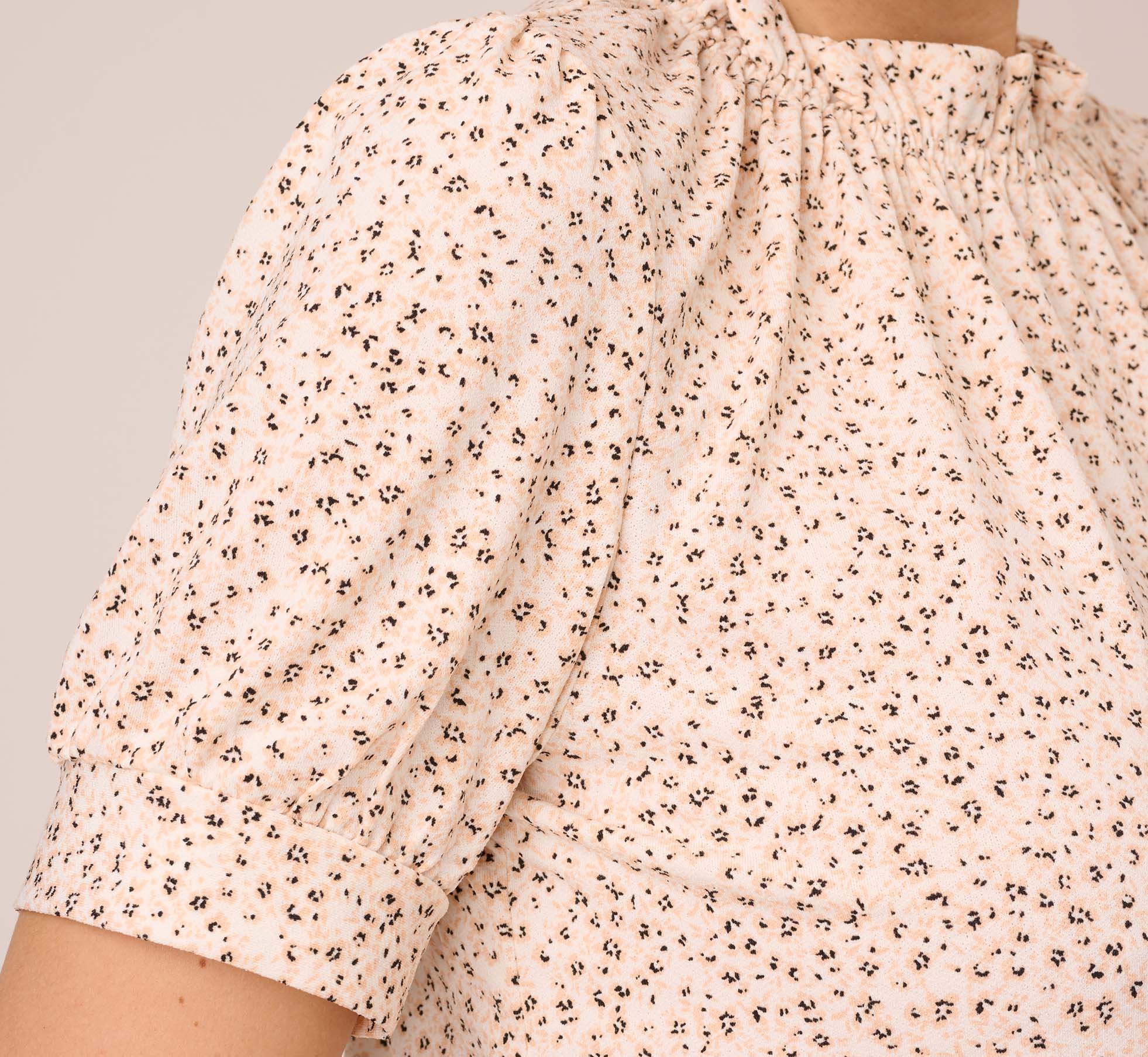 Ditsy Floral Print Top With Short Sleeves And Ruffle Neck In Ivory