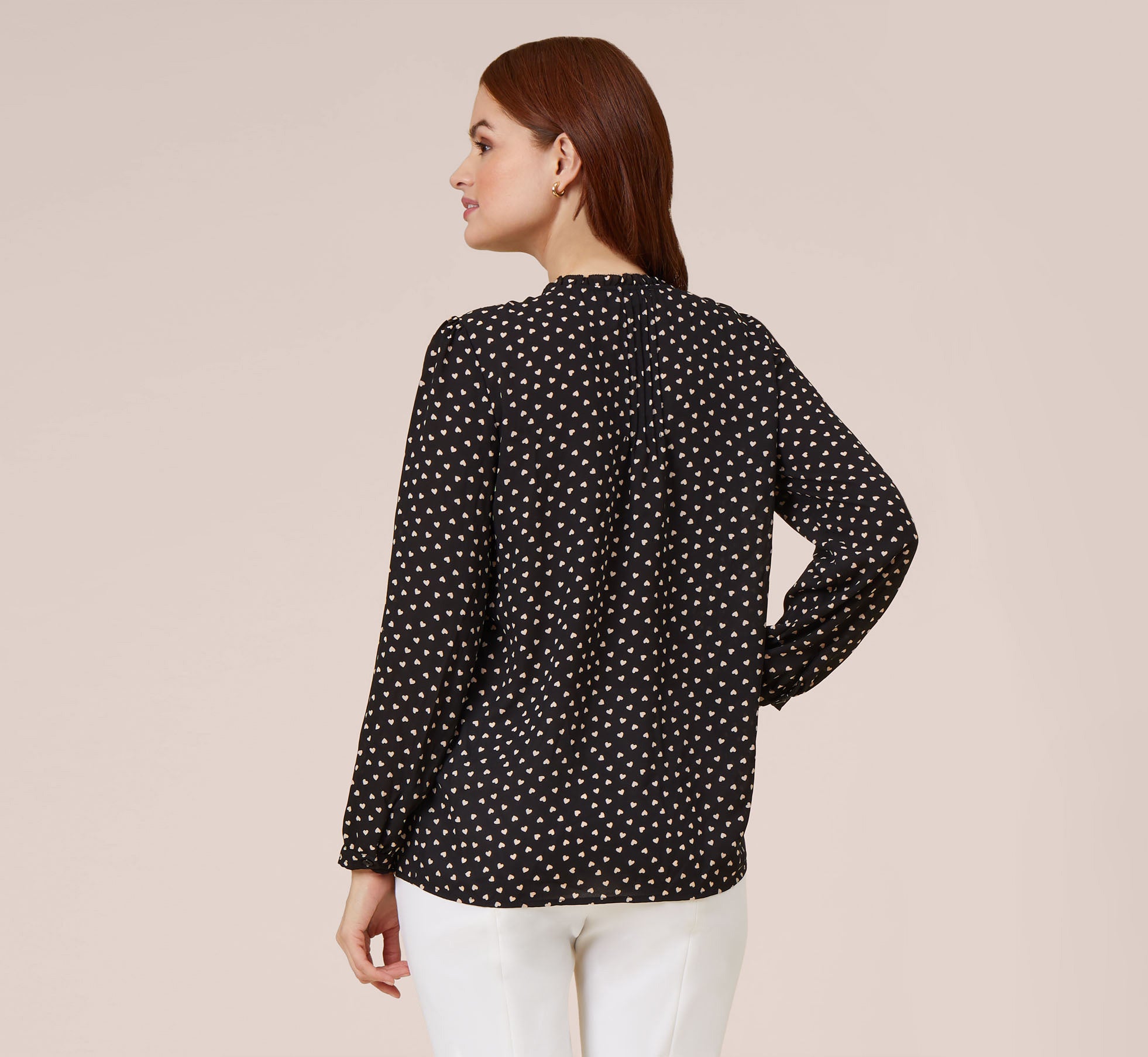 Heart Print Pleated Crepe Top In Black Champagne Classic Hearts