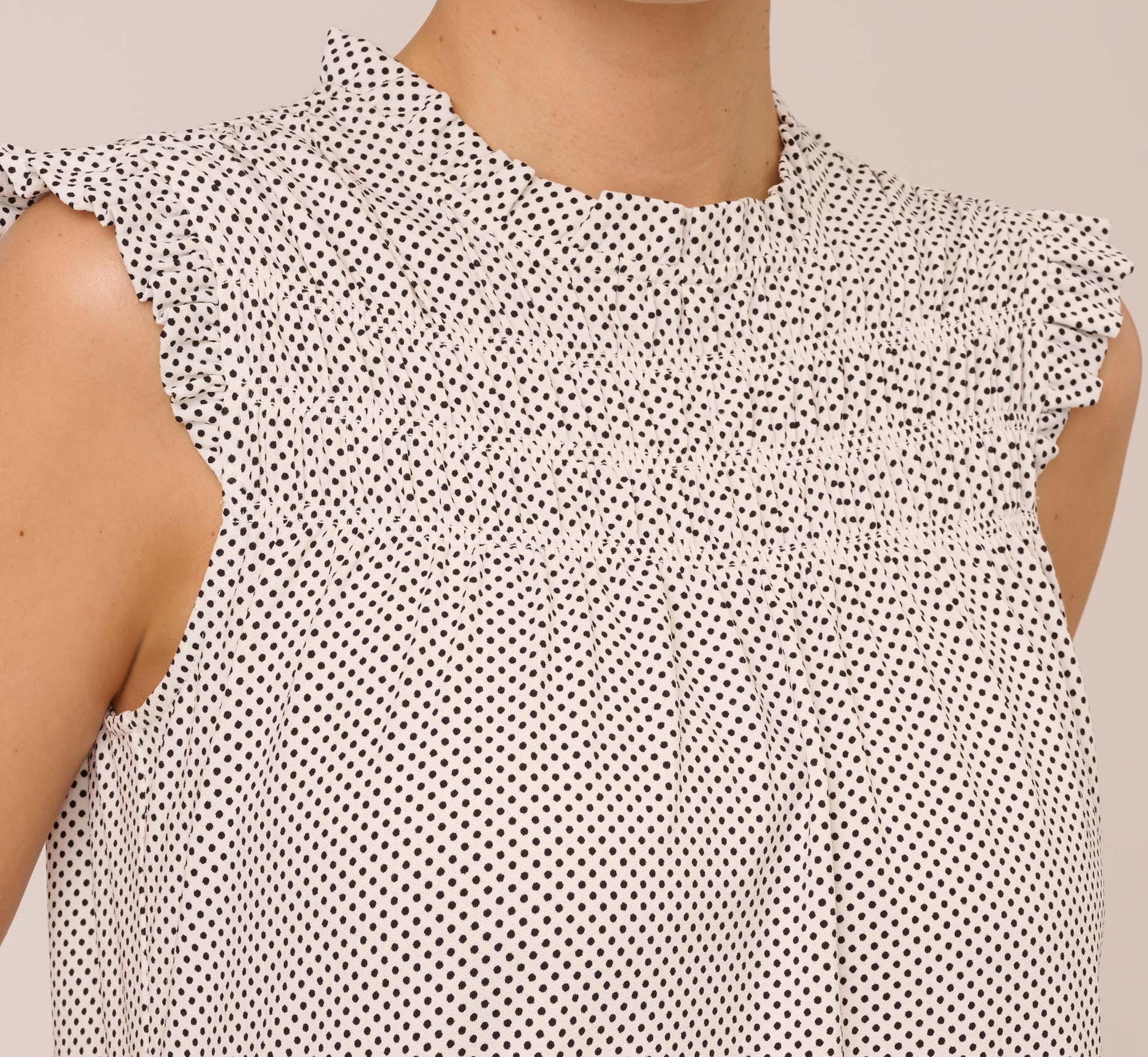 Dot Print Sleeveless Top With Ruffled Details In Ivory Black Small