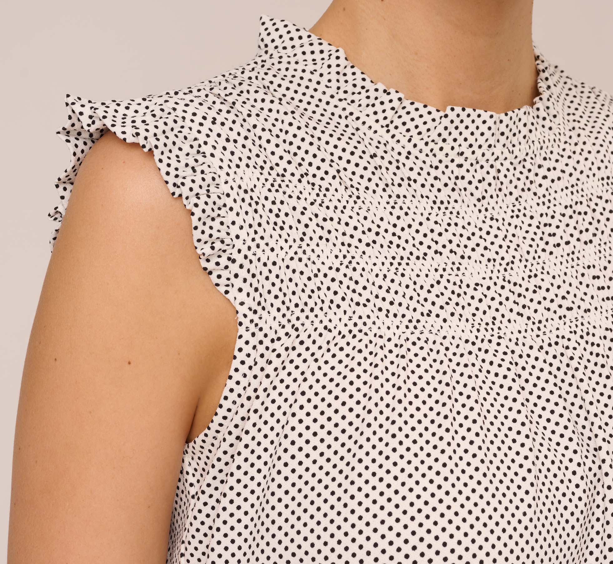 Dot Print Sleeveless Top With Ruffled Details In Ivory Black Small