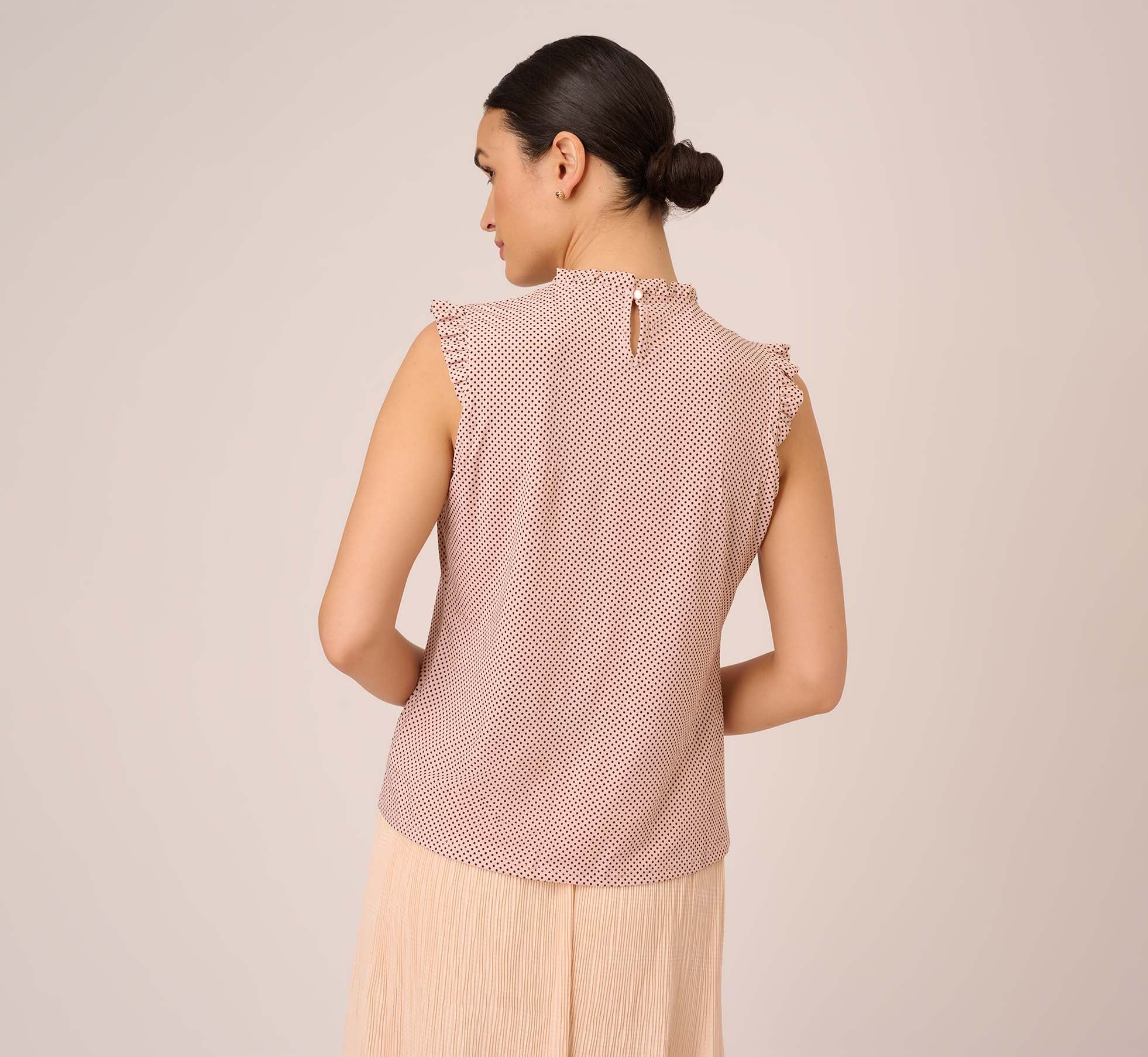 Dot Print Sleeveless Top With Ruffled Details In Champagne Small