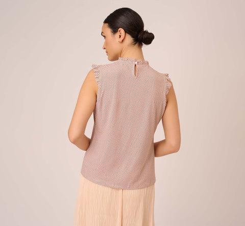 Dot Print Sleeveless Top With Ruffled Details In Champagne Small Dot