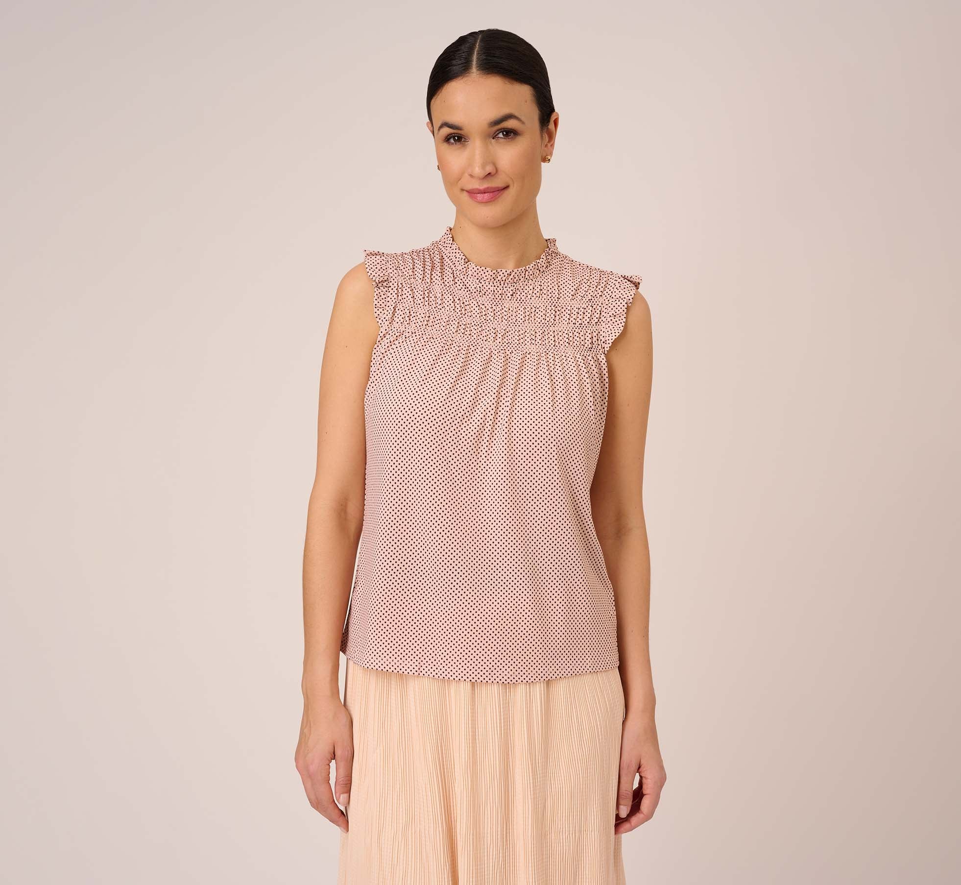 Dot Print Sleeveless Top With Ruffled Details In Champagne Small